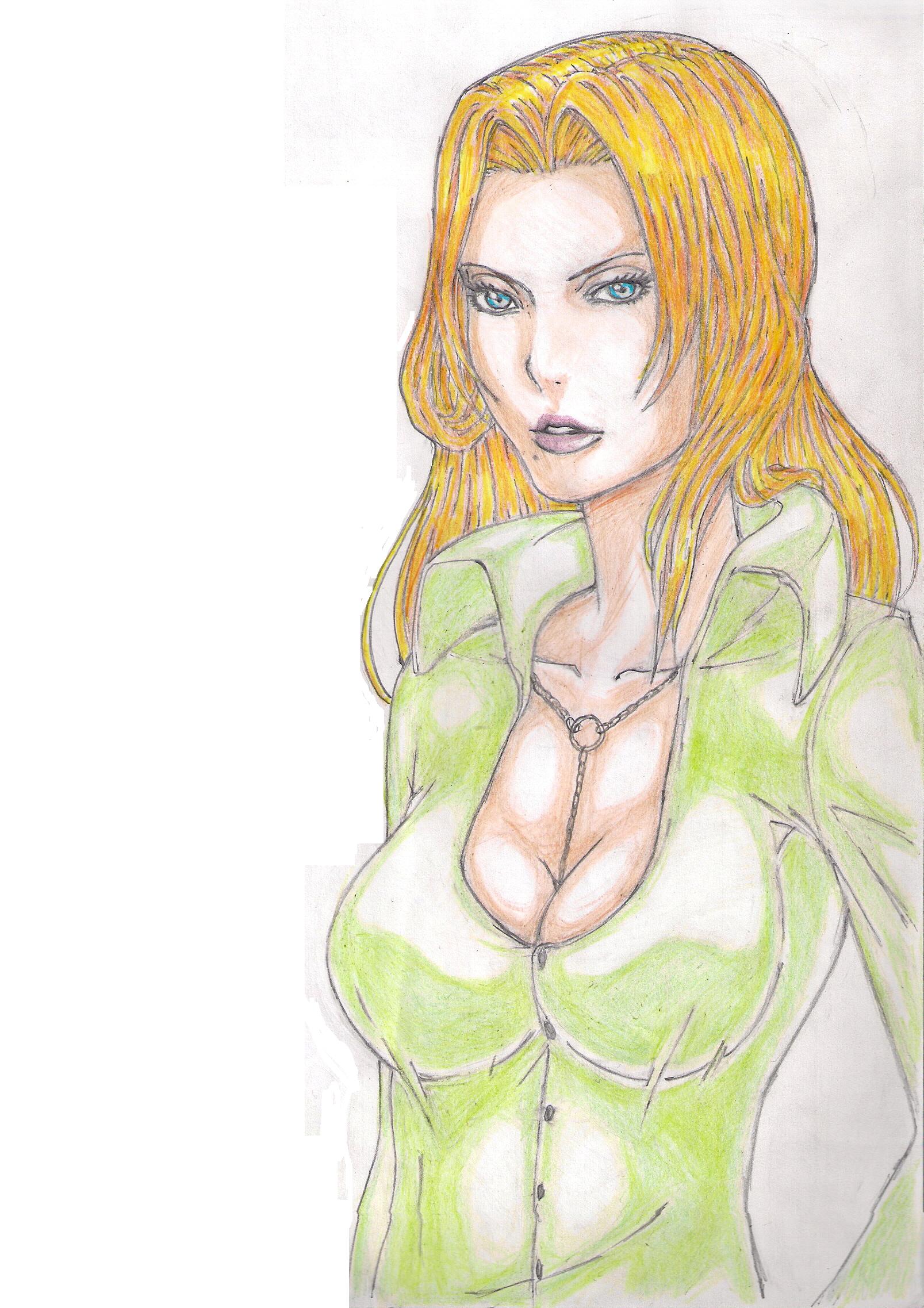 matsumoto rangiku, bleach, highres, traditional media, 00s, 1girl, blonde hair, breasts, cleavage, female focus, jewelry, necklace, orange hair, simple background, solo