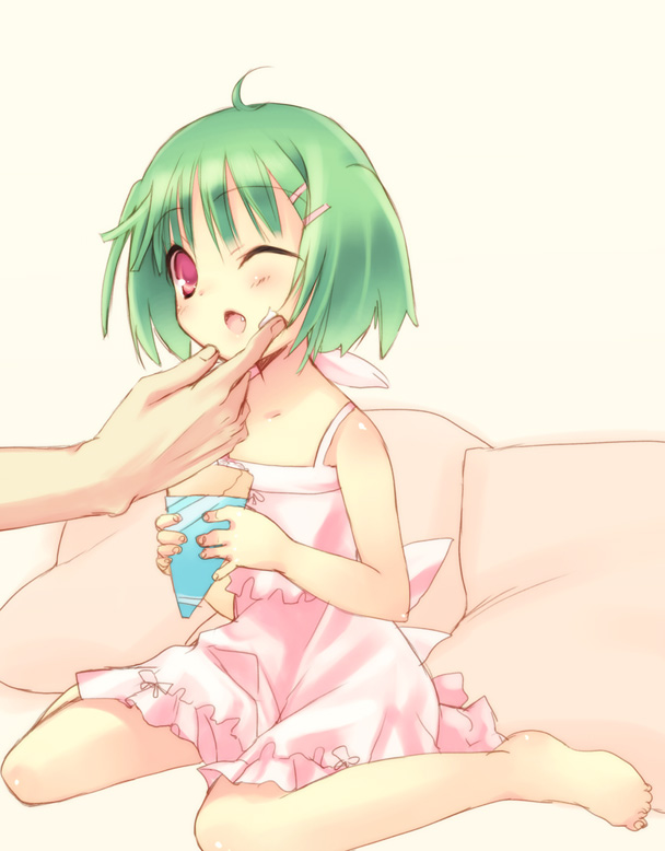 toranosuke, ranka lee, macross, macross frontier, 00s, 1girl, :o, aged down, barefoot, crepe, dress, fang, female focus, food, food on face, green hair, one eye closed, pillow, red eyes, solo, wink
