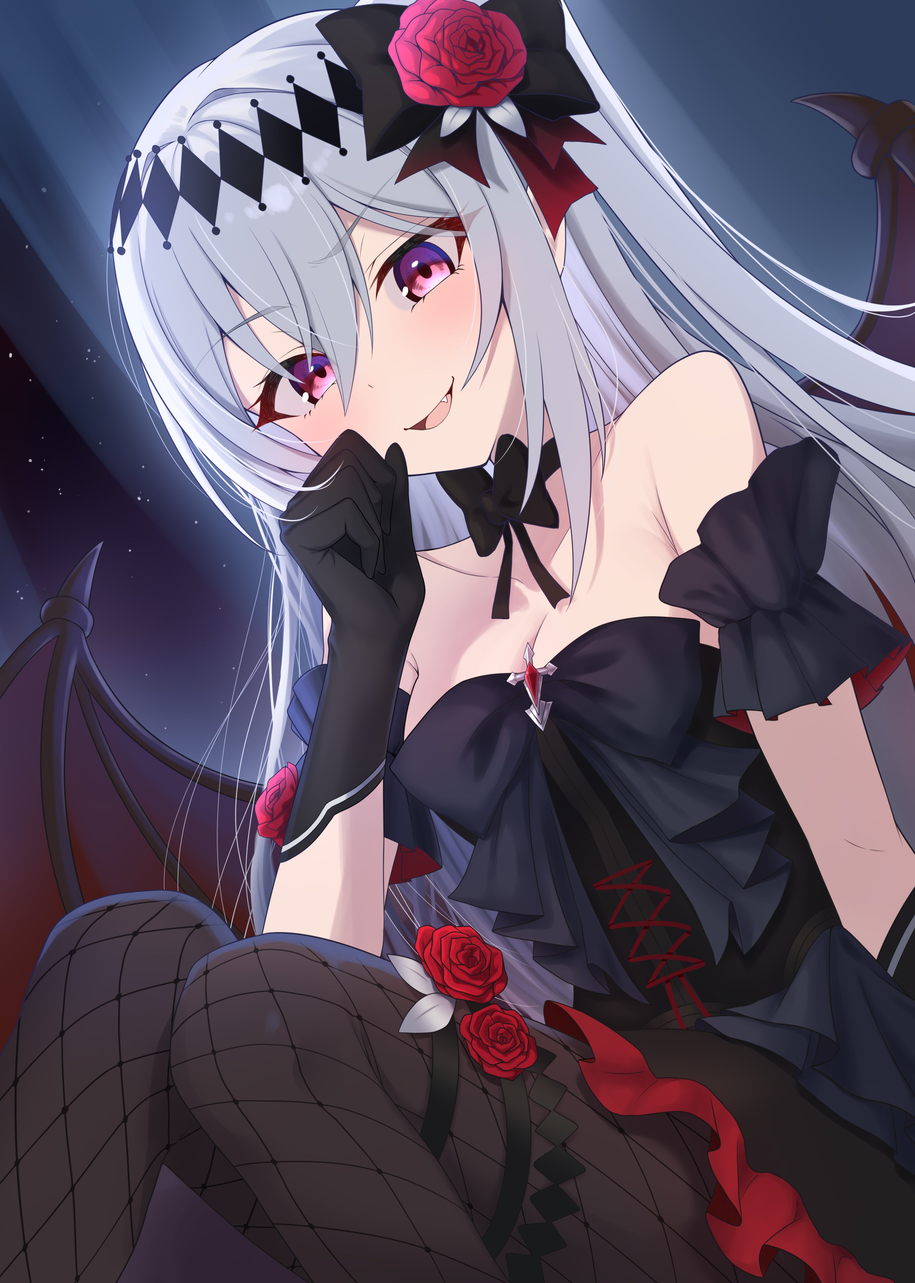 hinata kokage, mare (ac8231), original, absurdres, commentary request, commission, highres, second-party source, skeb commission, 1girl, bat wings, black bow, black bowtie, black dress, black gloves, bow, bowtie, cross, dress, fang, fishnet pantyhose, fishnets, flower, gloves, hair bow, hair flower, hair ornament, long hair, open mouth, outdoors, pantyhose, red eyes, red flower, red rose, red trim, rose, sky, smile, solo, star (sky), starry sky, vampire, very long hair, white hair, wings