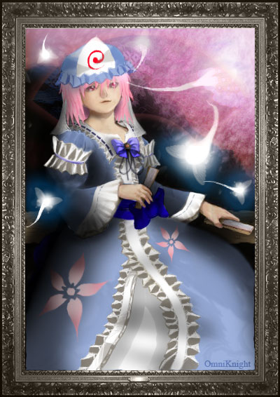 omniknight (dota), saigyouji yuyuko, touhou, umineko no naku koro ni, framed, third-party edit, 1girl, blue hat, female focus, hat, mob cap, parody, portrait, solo