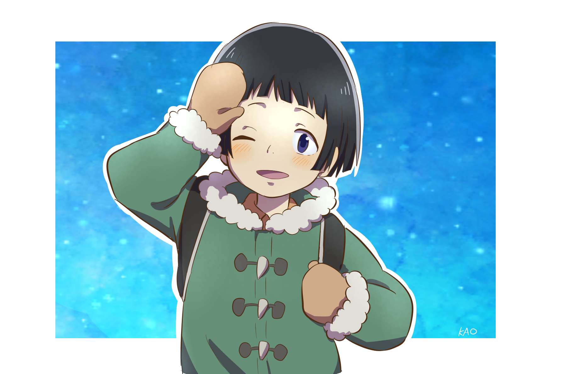 sugita hiromi, boku dake ga inai machi, commentary request, highres, 1boy, androgynous, black hair, blue eyes, blush, border, brown mittens, coat, fur-trimmed coat, fur trim, green coat, kkaokappa, looking at viewer, male focus, mittens, one eye closed, open mouth, short hair, solo, white border, winter clothes