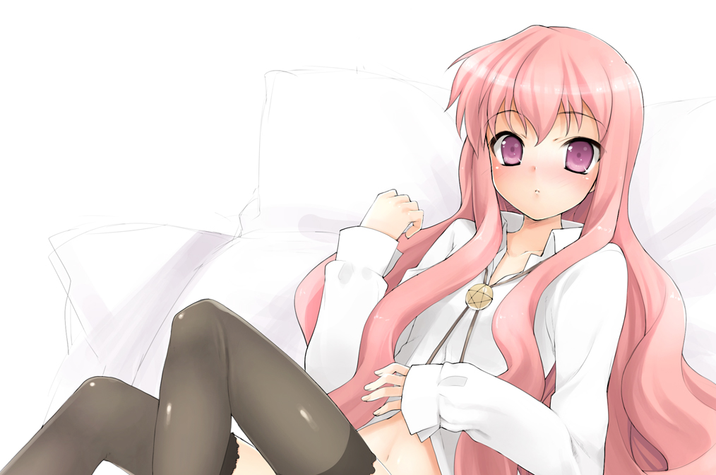 toranosuke, louise francoise le blanc de la valliere, zero no tsukaima, 00s, 1girl, female focus, navel, pentacle, pentagram, pink hair, purple eyes, solo, thighhighs