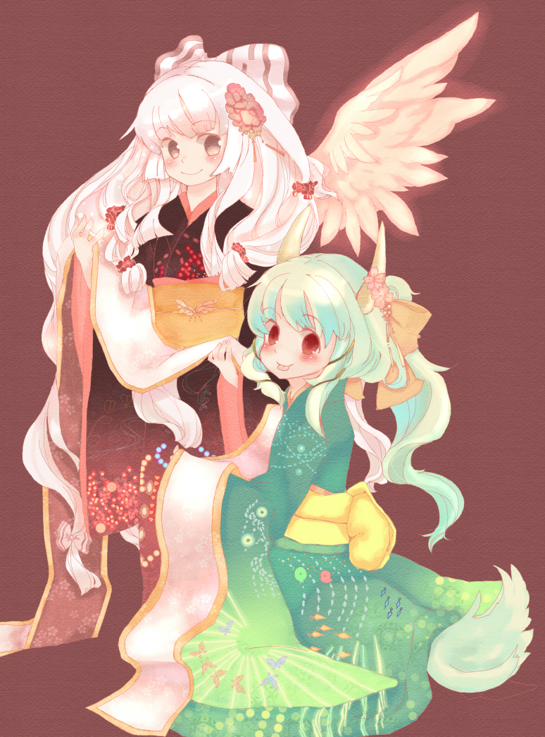 yuu shin, yuuma (tenkyuugi), ex-keine, fujiwara no mokou, kamishirasawa keine, touhou, clothes, silver hair, bad id, bad pixiv id, 2girls, :p, alternate hairstyle, angel wings, blush, bug, butterfly, female focus, flower, green hair, hair ornament, hair ribbon, horns, japanese clothes, kimono, kneeling, long hair, long sleeves, multiple girls, new year, obi, ponytail, red eyes, ribbon, sash, smile, tail, tongue, tongue out, wide sleeves, wings