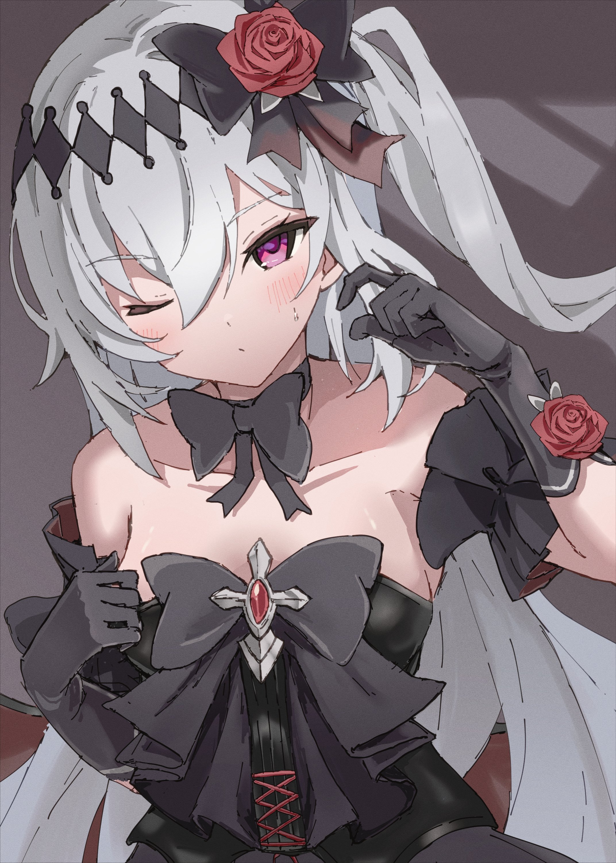 yucblossom, mare (ac8231), original, absurdres, commentary request, commission, highres, second-party source, 1girl, bare shoulders, black bow, black bowtie, black dress, black gloves, bow, bowtie, breasts, collarbone, dress, flower, gloves, hair flower, hair ornament, hands up, heart, long hair, looking at viewer, medium breasts, one eye closed, one side up, red eyes, red flower, red rose, rose, solo, spoken heart, sweatdrop, white hair