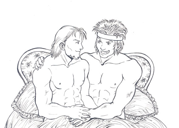 autumn sacura, bartre (fire emblem), dorcas (fire emblem), fire emblem, nintendo, 2boys, abs, beard, bed, facial hair, monochrome, multiple boys, simple background, yaoi