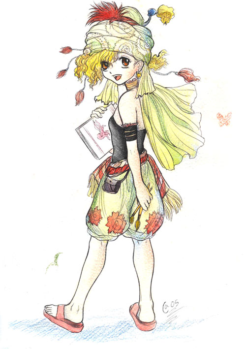 autumn sacura, relm arrowny, final fantasy, final fantasy vi, traditional media, blonde hair, orange eyes, sandals, simple background, solo
