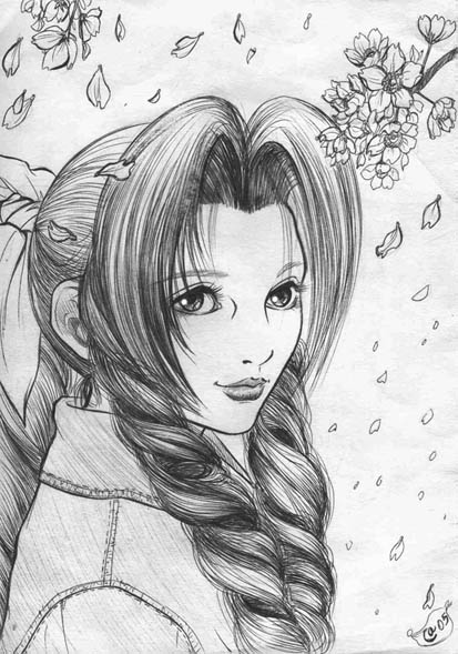 autumn sacura, aerith gainsborough, final fantasy, final fantasy vii, traditional media, monochrome, pencil