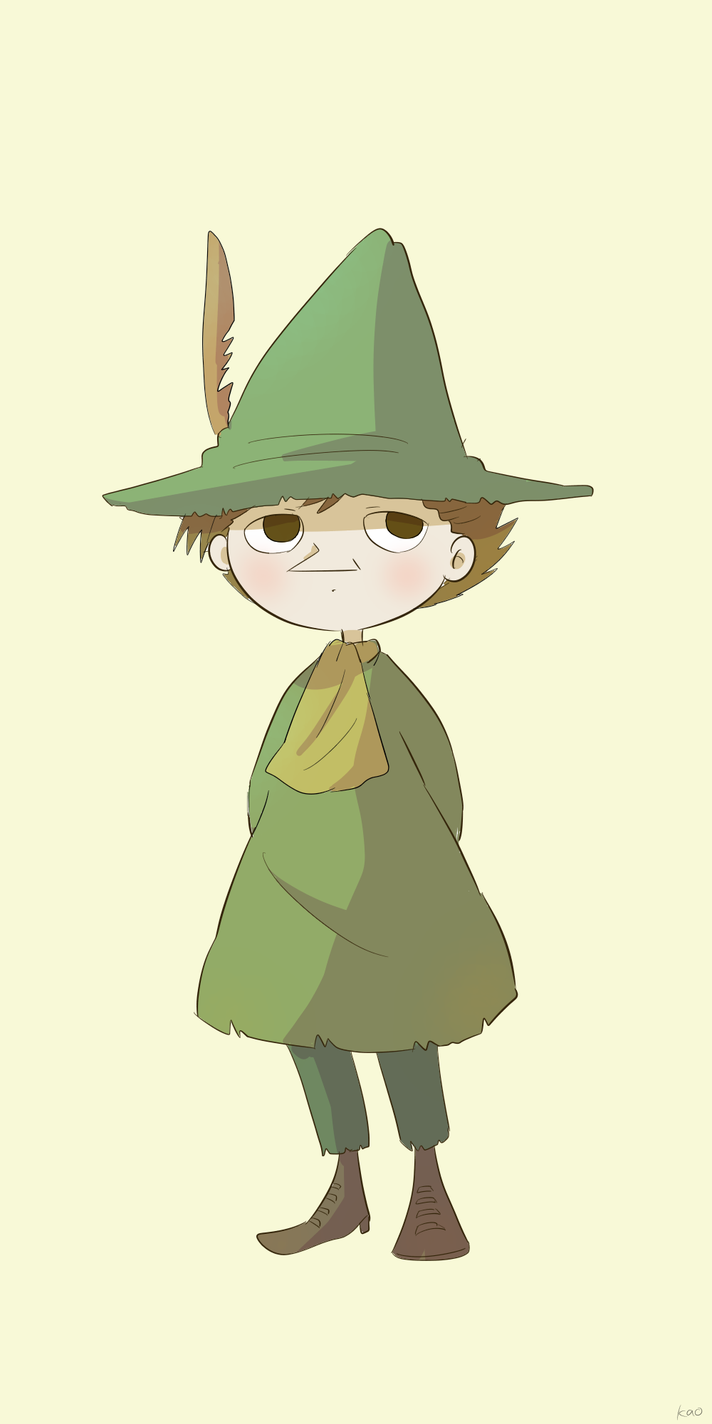 snufkin, moomin, commentary request, highres, 1boy, arms behind back, ascot, boots, brown boots, brown hair, closed mouth, dot mouth, full body, green pants, hat, hat feather, kkaokappa, long sleeves, male focus, pants, pointy nose, short hair, simple background, solo, standing, white background, yellow ascot