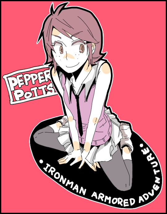 arata (pixiv 550093), arata (star-gazer), iron man, pepper potts, iron man: armored adventures, iron man armored adventures, marvel, 1girl, animification, arm support, brown eyes, female focus, freckles, kneeling, leggings, necktie, pink hair, sitting, skirt, smile, smirk, solo, wariza