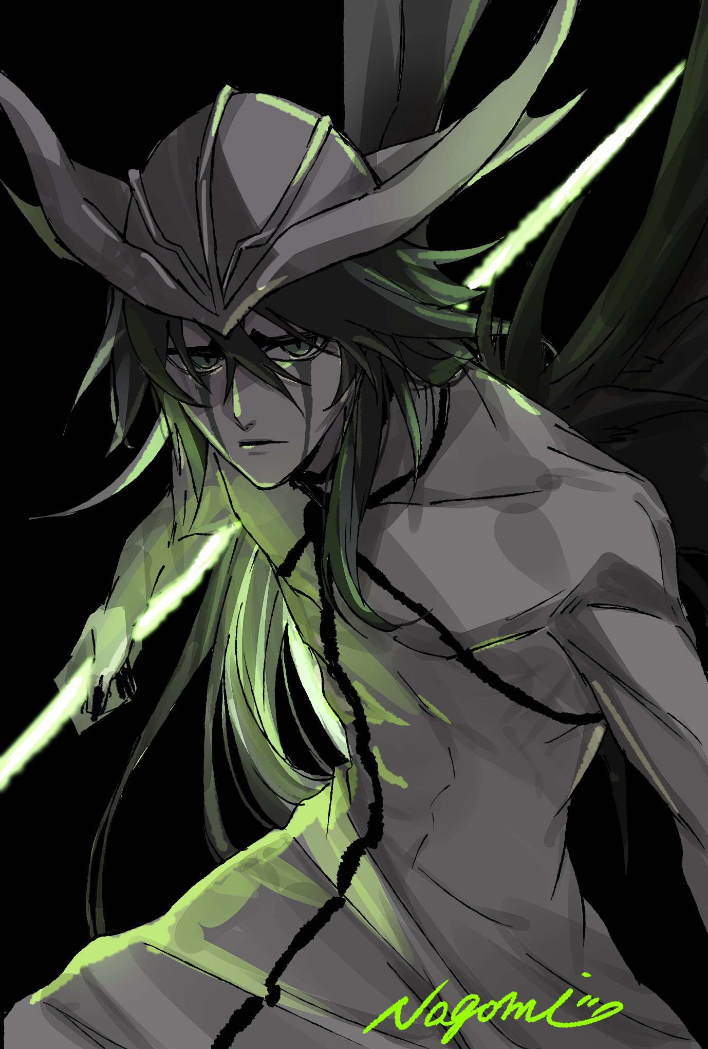 hishui prpr, ulquiorra cifer, bleach, highres, 1boy, arrancar, artist name, black background, demon wings, energy spear, energy weapon, expressionless, facial mark, green eyes, hair between eyes, helmet, holding, holding polearm, holding weapon, hole in chest, hole on body, long hair, looking at viewer, polearm, resurreccion, signature, solo, spear, weapon, wings