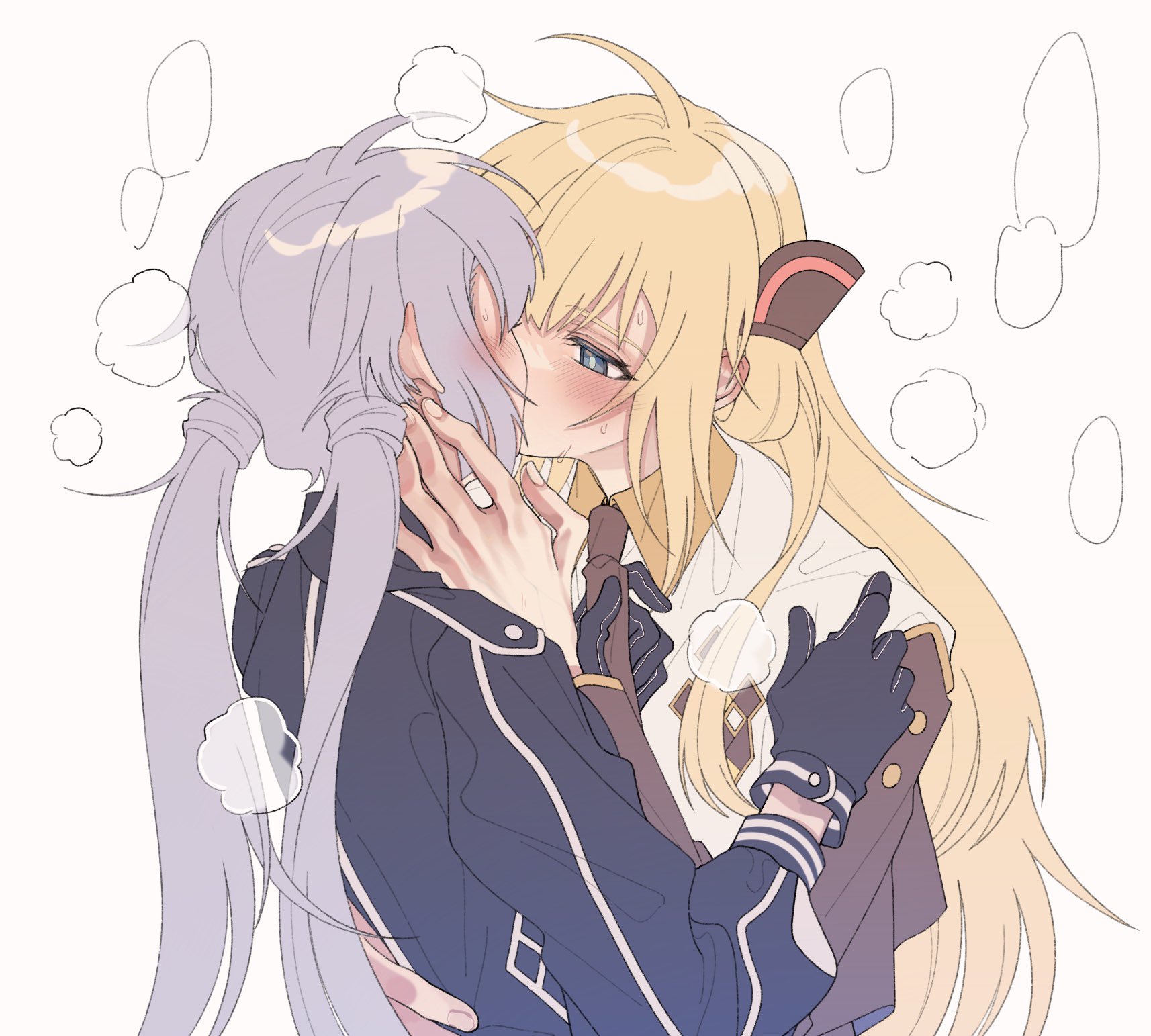 emptyayya, sky striker ace – raye, sky striker ace – roze, yu-gi-oh!, commentary request, highres, 2girls, black coat, black gloves, blonde hair, blue eyes, blush, breath, coat, duel monster, gloves, grey hair, kiss, multiple girls, simple background, white background, yuri