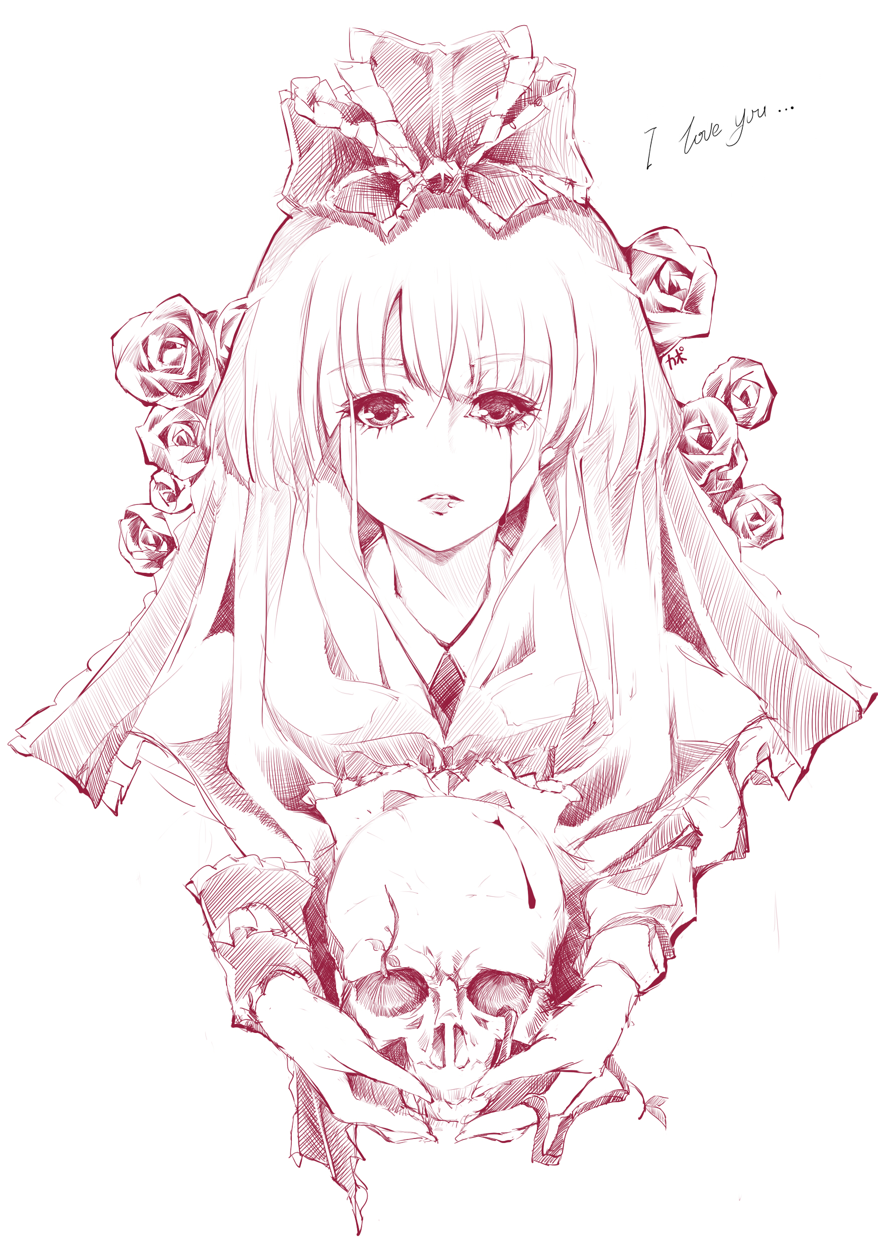 cofepig, kagiyama hina, touhou, absurdres, bad id, bad pixiv id, highres, 1girl, blood, bloody tears, creepy, female focus, flower, frills, hair ribbon, horror (theme), monochrome, pink theme, portrait, ribbon, rose, sketch, skull, solo, tears