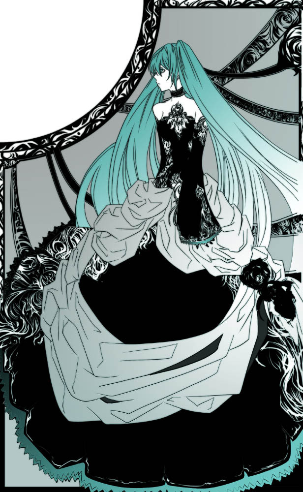 ichi ka, hatsune miku, cantarella (vocaloid), vocaloid, 1girl, aqua eyes, aqua hair, detached sleeves, dress, female focus, flower, long hair, monochrome, nail polish, rose, solo, twintails, very long hair