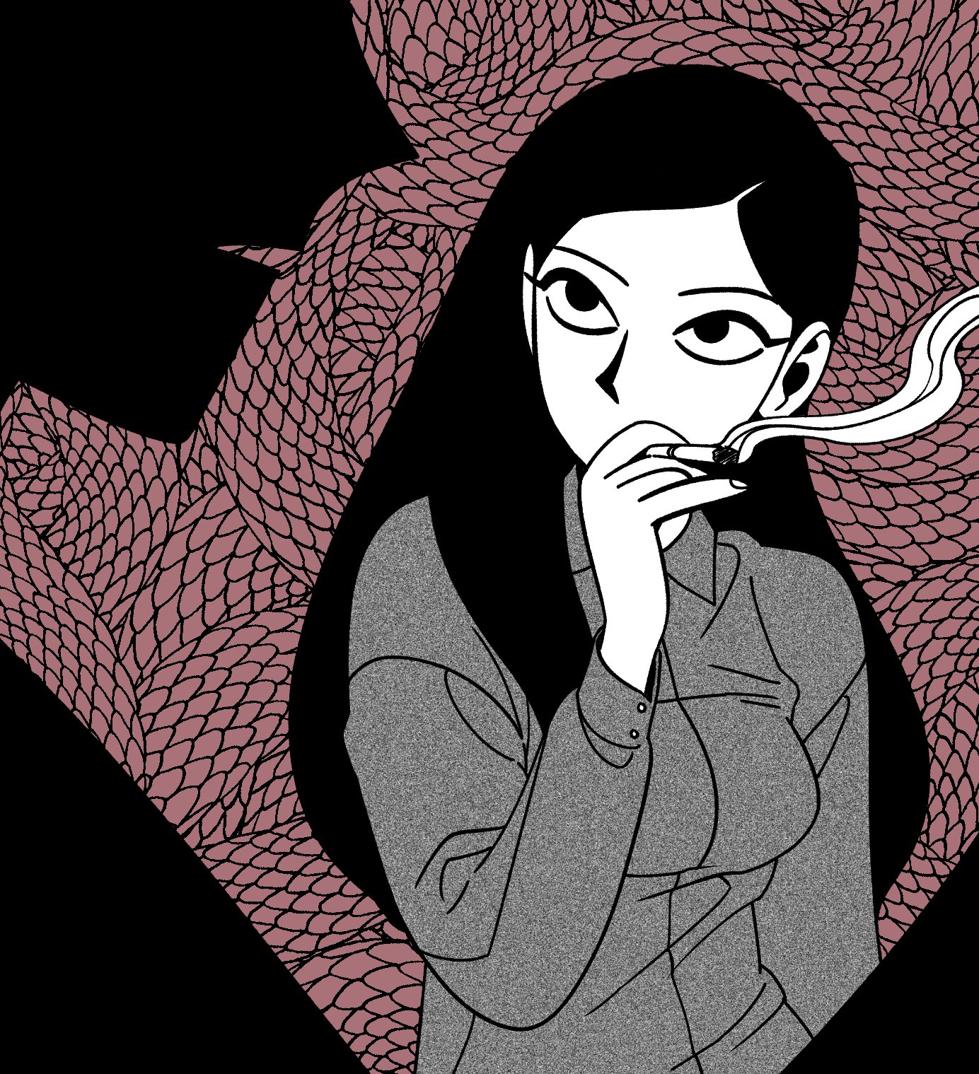 jadoochicken, original, highres, 1girl, 1other, black hair, cigarette, collared shirt, covered mouth, greyscale with colored background, hair behind ear, holding, holding cigarette, long hair, long sleeves, looking at another, looking to the side, shirt, silhouette, smoke, smoking, upper body