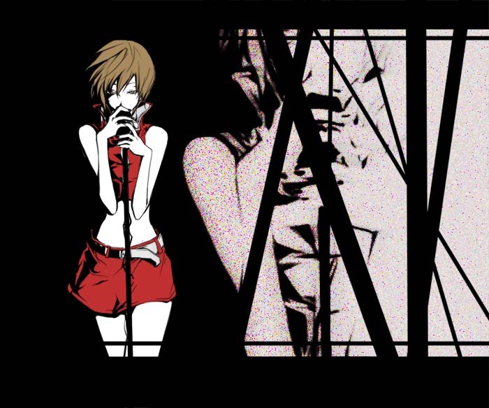 ichi ka, meiko (vocaloid), vocaloid, 1girl, bob cut, brown eyes, brown hair, cable, colored skin, covered mouth, cowboy shot, eyelashes, female focus, half-closed eyes, letterboxed, microphone, microphone stand, midriff, miniskirt, music, popped collar, short hair, singing, skirt, solo, stomach, white skin