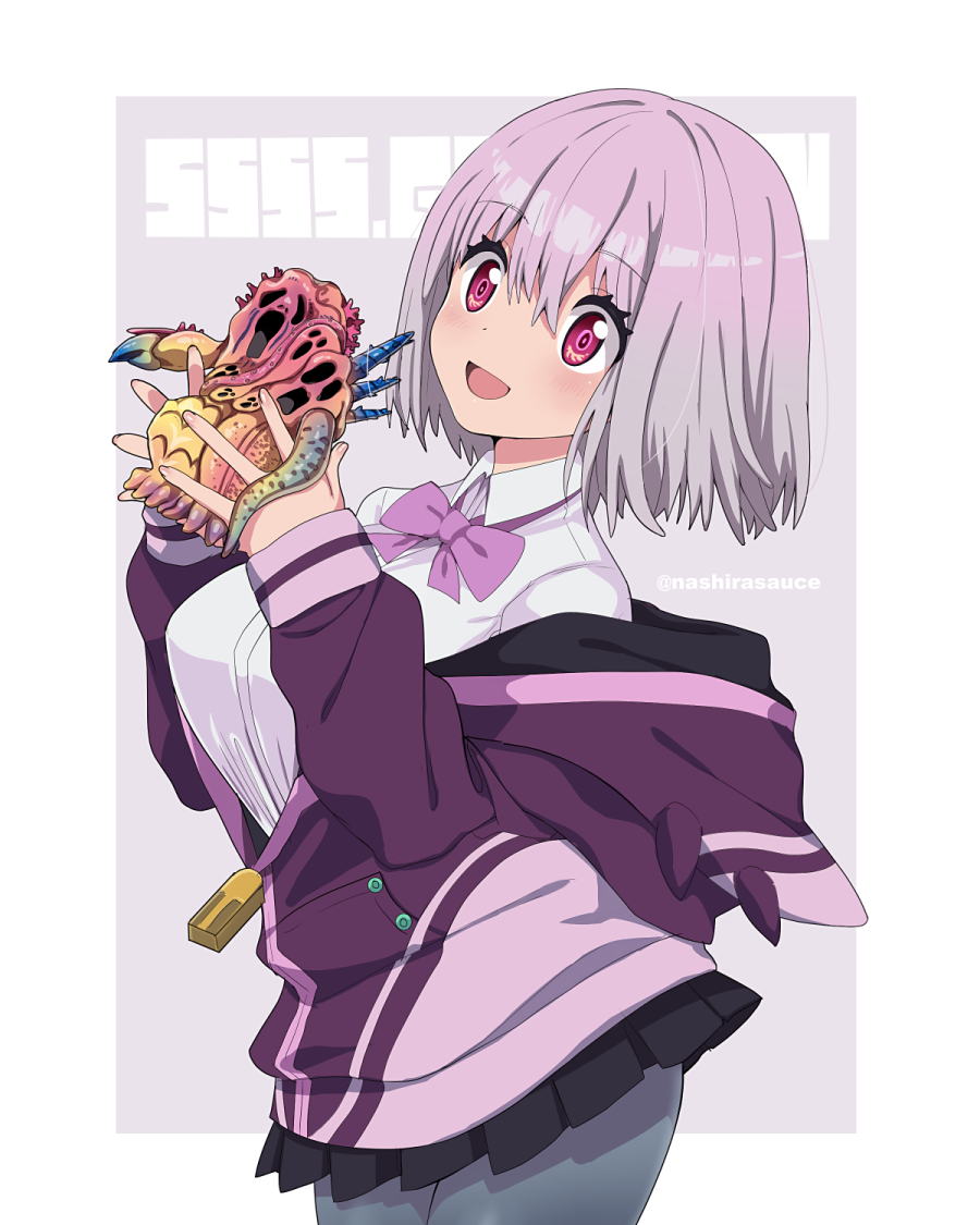 nashirasauce, shinjou akane, gridman universe, ssss.gridman, tokusatsu, ultra series, ultraman nexus (series), commentary, 1girl, :d, black skirt, blush, border, bow, bowtie, breasts, collared shirt, company connection, contrapposto, copyright name, cowboy shot, creator connection, dress shirt, figure, fingernails, gradient hair, grey background, grey hair, grey pantyhose, hair between eyes, hands up, hasegawa keiichi, holding, holding figure, hood, hood down, hooded jacket, jacket, jacket partially removed, kaiju, kutuura, large breasts, legs together, long sleeves, looking ahead, medium hair, miniskirt, monster, multicolored hair, open mouth, outside border, pantyhose, pink eyes, pink hair, pleated skirt, purple bow, purple bowtie, purple jacket, school uniform, shirt, skirt, smile, solo, spread fingers, standing, twitter username, two-tone hair, white border, white shirt