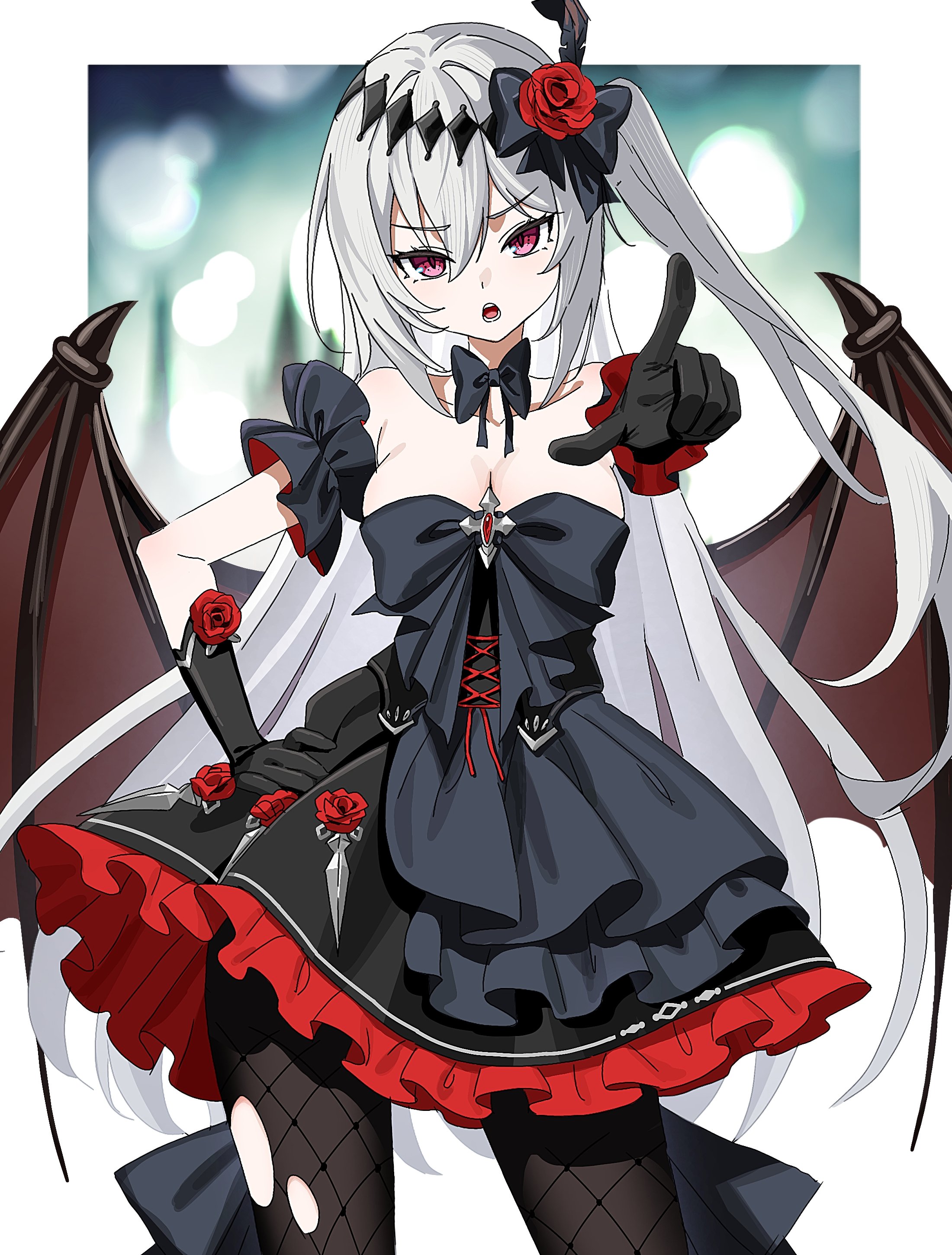 kayuu (hikentai0112), mare (ac8231), original, absurdres, commentary request, commission, highres, second-party source, skeb commission, 1girl, bare shoulders, bat wings, black bow, black bowtie, black dress, black gloves, bow, bowtie, breasts, censored, cleavage, collarbone, dress, fishnet pantyhose, fishnets, flower, gloves, hair flower, hair ornament, index finger raised, long hair, looking at viewer, medium breasts, mosaic censoring, off-shoulder dress, off shoulder, open mouth, pantyhose, pointing, pointing at viewer, red eyes, red flower, red rose, rose, side ponytail, torn clothes, torn pantyhose, white hair, wings