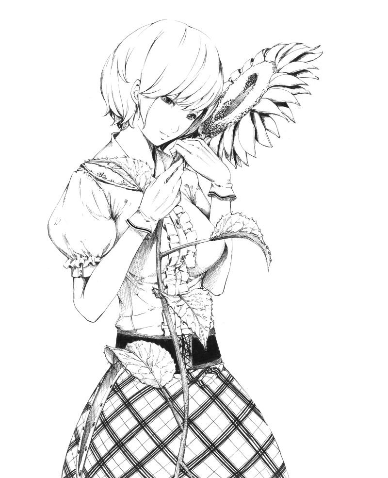 sousou (sousouworks), kazami yuuka, touhou, 1girl, adapted costume, ascot, blouse, breasts, cowboy shot, female focus, flower, frills, gloves, greyscale, head tilt, large breasts, monochrome, plaid clothes, plaid skirt, puffy sleeves, realistic, shirt, short hair, short sleeves, skirt, smile, solo, sunflower