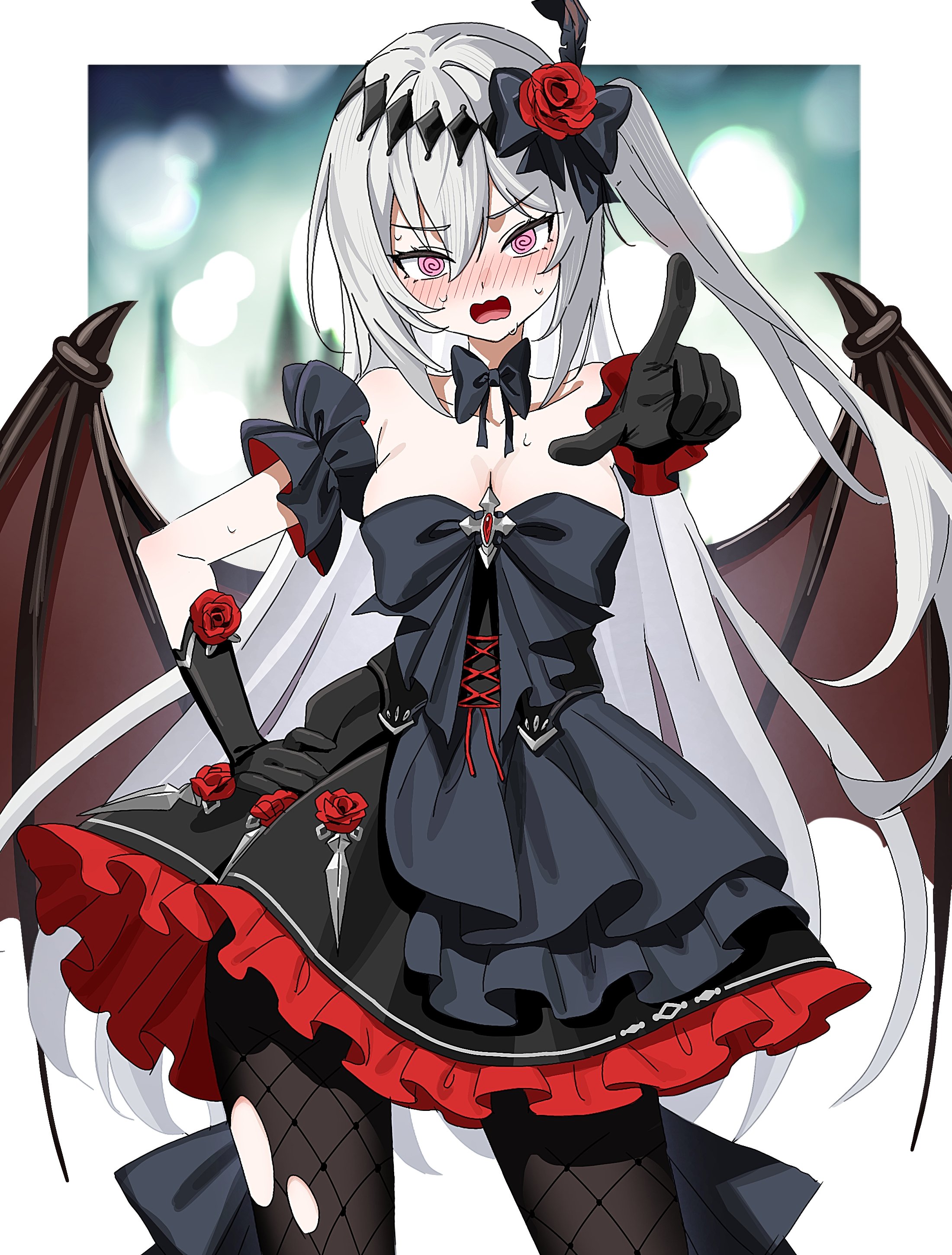 kayuu (hikentai0112), mare (ac8231), original, absurdres, commentary request, commission, highres, second-party source, skeb commission, 1girl, @ @, bare shoulders, bat wings, black bow, black bowtie, black dress, black gloves, blush, bow, bowtie, breasts, censored, cleavage, collarbone, dress, fishnet pantyhose, fishnets, flower, gloves, hair flower, hair ornament, index finger raised, long hair, looking at viewer, medium breasts, mosaic censoring, off-shoulder dress, off shoulder, open mouth, pantyhose, pointing, pointing at viewer, red eyes, red flower, red rose, rose, side ponytail, torn clothes, torn pantyhose, white hair, wings