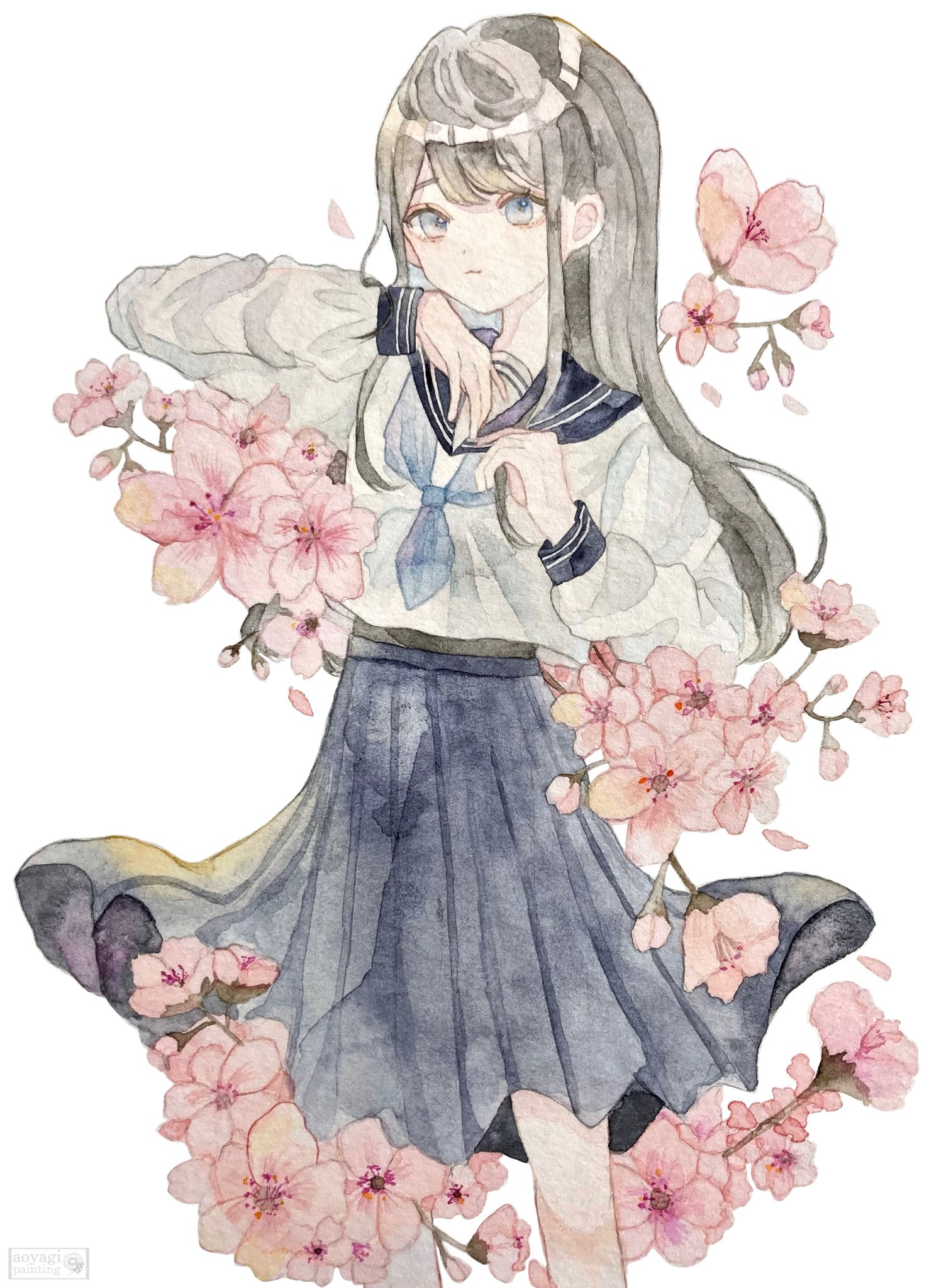 aoyagi874, original, commentary request, highres, painting (medium), traditional media, watercolor (medium), 1girl, artist name, bare legs, blue eyes, blue skirt, blush, cherry blossoms, closed mouth, cowboy shot, expressionless, falling petals, flower, hand on own face, hand up, long hair, long sleeves, muted color, neckerchief, pale skin, petals, pleated skirt, ribbon, sailor collar, school uniform, shirt, sidelocks, signature, skirt, standing, swept bangs, watermark, white background, white shirt