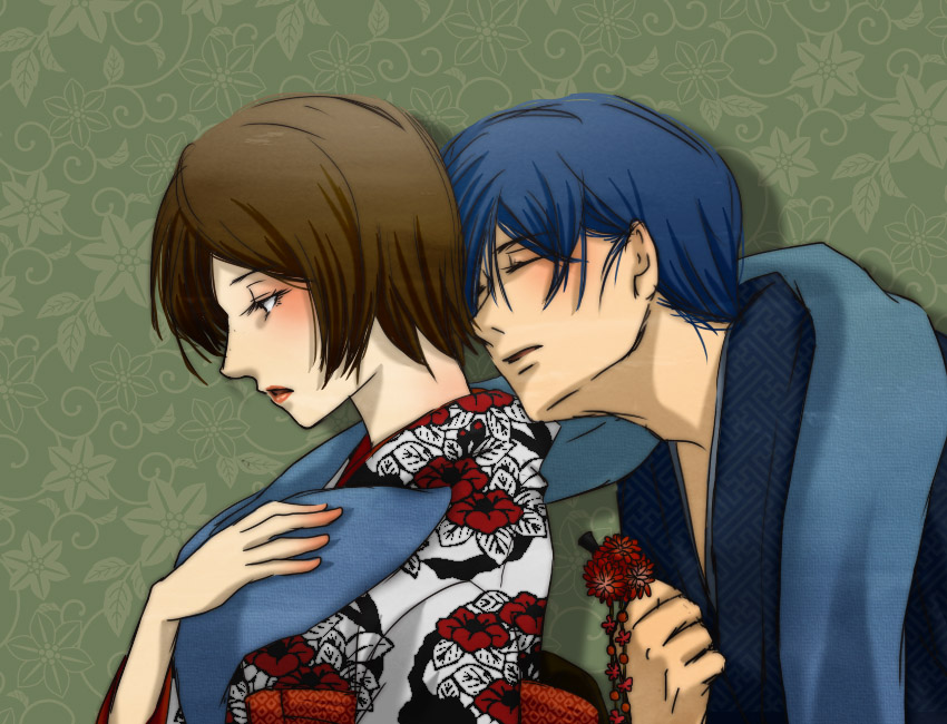 yusaryosuke, kaito (vocaloid), meiko (vocaloid), vocaloid, 1boy, 1girl, blue hair, blue scarf, brown eyes, brown hair, closed eyes, floral print, flower, japanese clothes, kimono, scarf, short hair