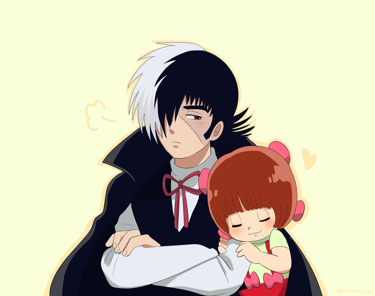 black jack (character), pinoko, black jack (series), commentary request, 1boy, 1girl, arm hug, black cape, black hair, brown eyes, brown hair, cape, closed eyes, closed mouth, crossed arms, high collar, kkaokappa, multicolored hair, puff of air, red skirt, short hair, skirt, stitched face, stitches, suspenders, tezuka osamu (style), two-tone hair, white hair
