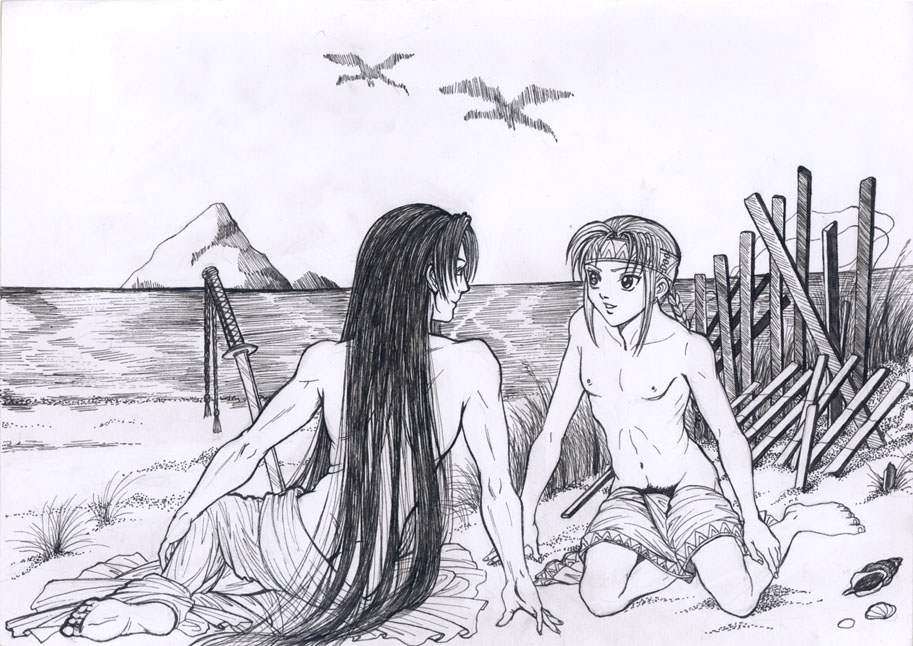autumn sacura, karel, fire emblem, guy, beach, monochrome, ocean, sword, weapon, yaoi