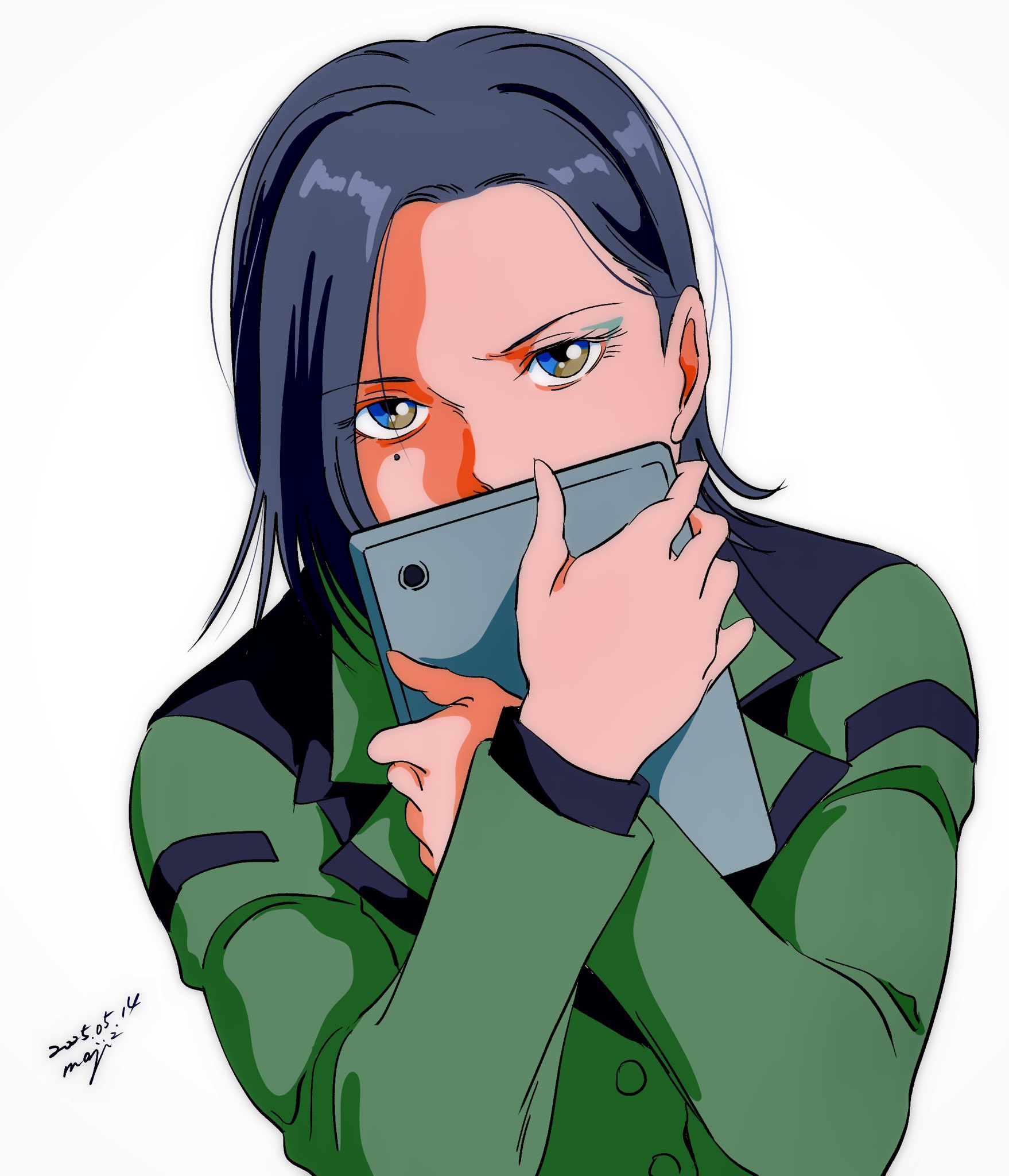 pgmajimaji, comoli harcourt, gundam, gundam gquuuuuux, commentary request, highres, 1girl, artist name, covered mouth, dated, looking at viewer, mole, mole under eye, short hair, upper body, white background