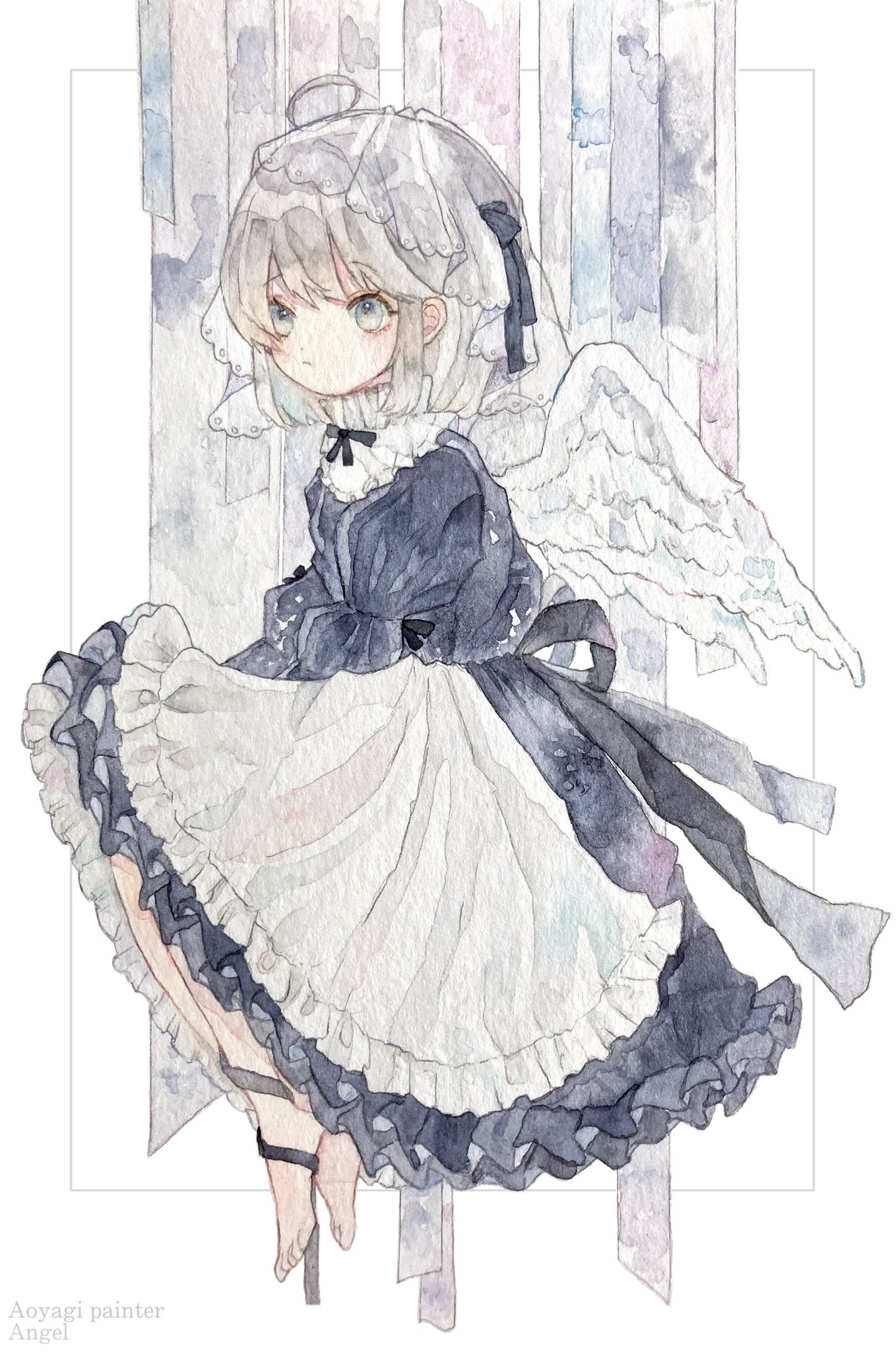 aoyagi874, original, commentary request, highres, painting (medium), traditional media, watercolor (medium), 1girl, ahoge, angel wings, ankle ribbon, apron, artist name, bare legs, barefoot, blue dress, blue eyes, blunt bangs, blush, bob cut, border, bow, closed mouth, dress, feathered wings, floating, frilled shirt collar, frills, full body, hair ribbon, headdress, lace, leg ribbon, long ribbon, long sleeves, looking to the side, muted color, pale skin, puffy sleeves, ribbon, short hair, simple background, straight hair, striped background, veil, watermark, white apron, white background, wings