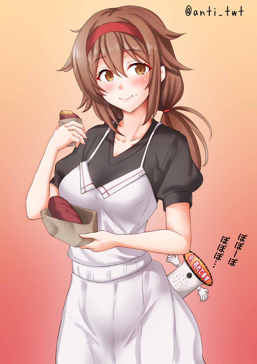 anti (untea9), shiratsuyu (autumn) (kancolle), shiratsuyu (kancolle), kantai collection, commentary request, highres, 1girl, ahoge, alternate costume, autumn, bag, black shirt, breasts, brown eyes, brown hair, dress, eating, food, hair flaps, hairband, long hair, looking at viewer, low twintails, medium breasts, official alternate costume, paper bag, red background, red hairband, roasted sweet potato, shirt, smile, solo, sweet potato, twintails, twitter username, white dress
