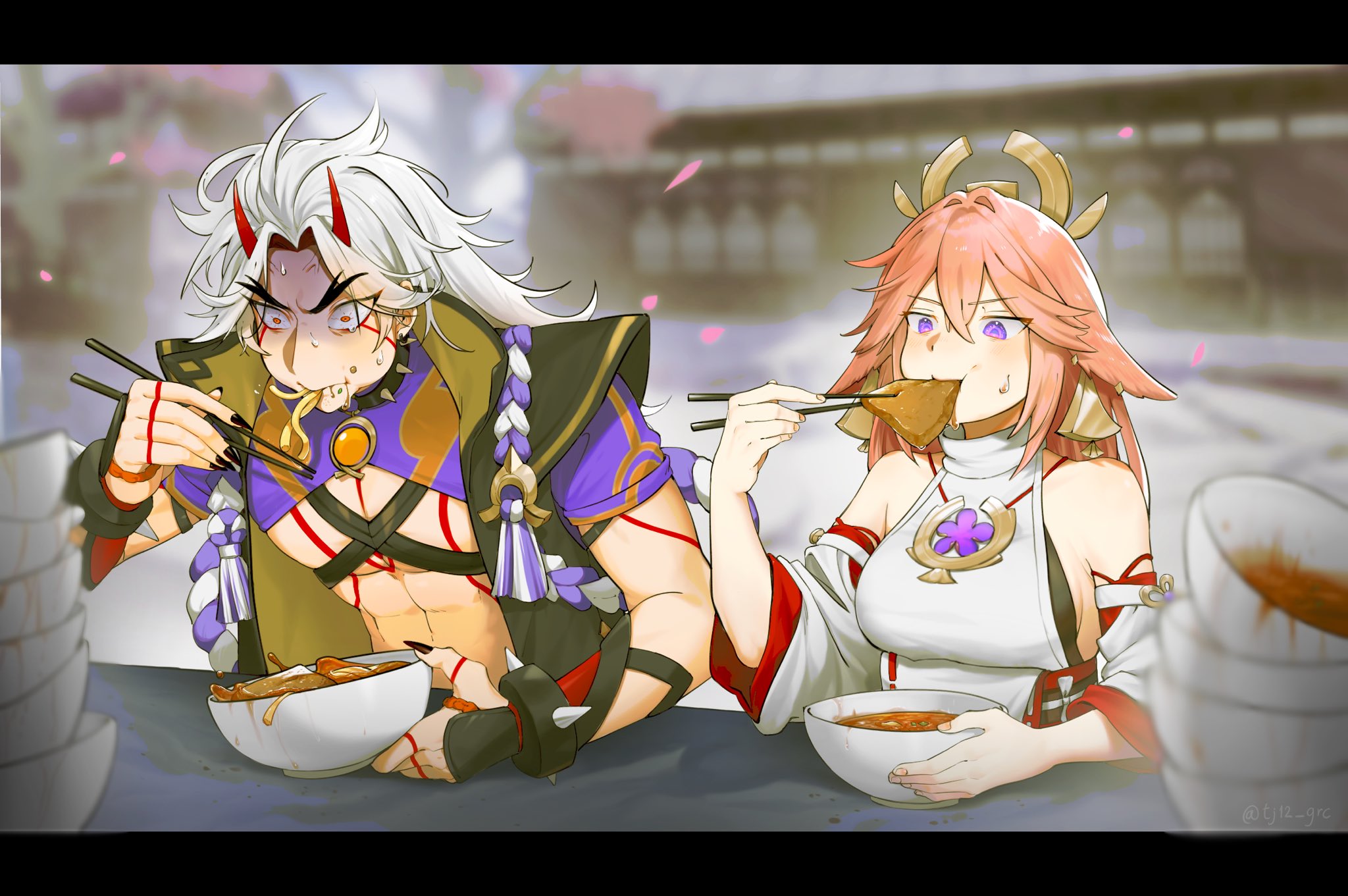 unholymilk, arataki itto, yae miko, genshin impact, commentary, english commentary, highres, 1boy, 1girl, abs, animal ears, bell, bell earrings, black border, black choker, black nails, blurry, blurry background, body markings, border, bracelet, breasts, choker, chopsticks, city, closed mouth, collar, detached sleeves, earrings, eating, facial mark, falling petals, food, fox ears, fox girl, hair between eyes, hair ornament, hand up, holding, holding chopsticks, holding plate, horns, japanese clothes, jewelry, kimono, kitsune, large breasts, long hair, looking at food, multicolored hair, noodles, outdoors, petals, pink hair, pink petals, plate, purple eyes, ramen, red eyes, red horns, red streaks, sideboob, sidelocks, spiked bracelet, spiked collar, spikes, sweat, toned, toned male, twitter username, two-tone hair, upper body, vision (genshin impact), white hair, white kimono, white sleeves, wide sleeves