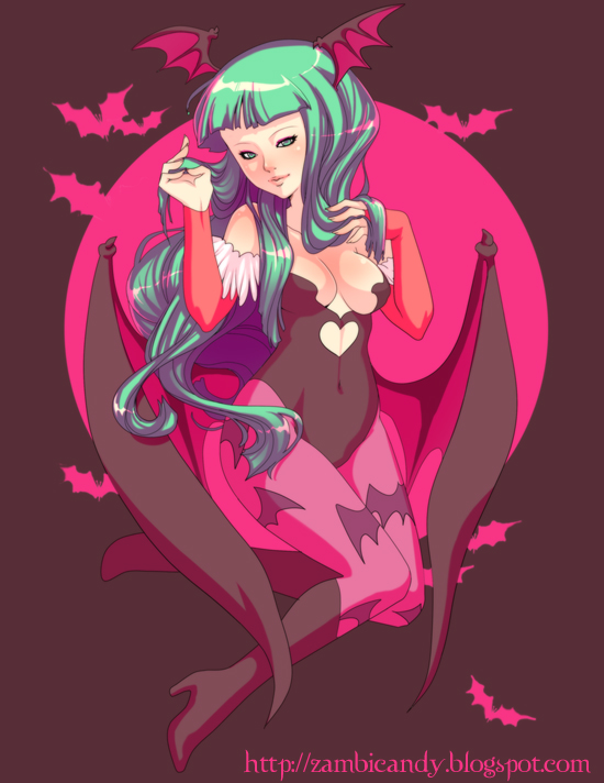 zambi, morrigan aensland, capcom, darkstalkers, 1girl, bare shoulders, bat wings, breasts, demon girl, elbow gloves, female focus, gloves, green eyes, green hair, huge breasts, large breasts, matching hair/eyes, pantyhose, solo, wings