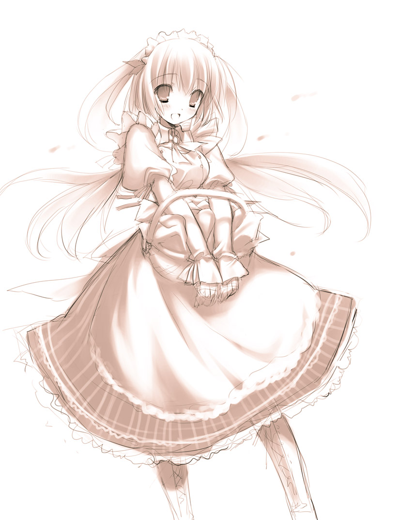 toranosuke, original, basket, maid, maid headdress, monochrome, open mouth, sketch, smile, solo