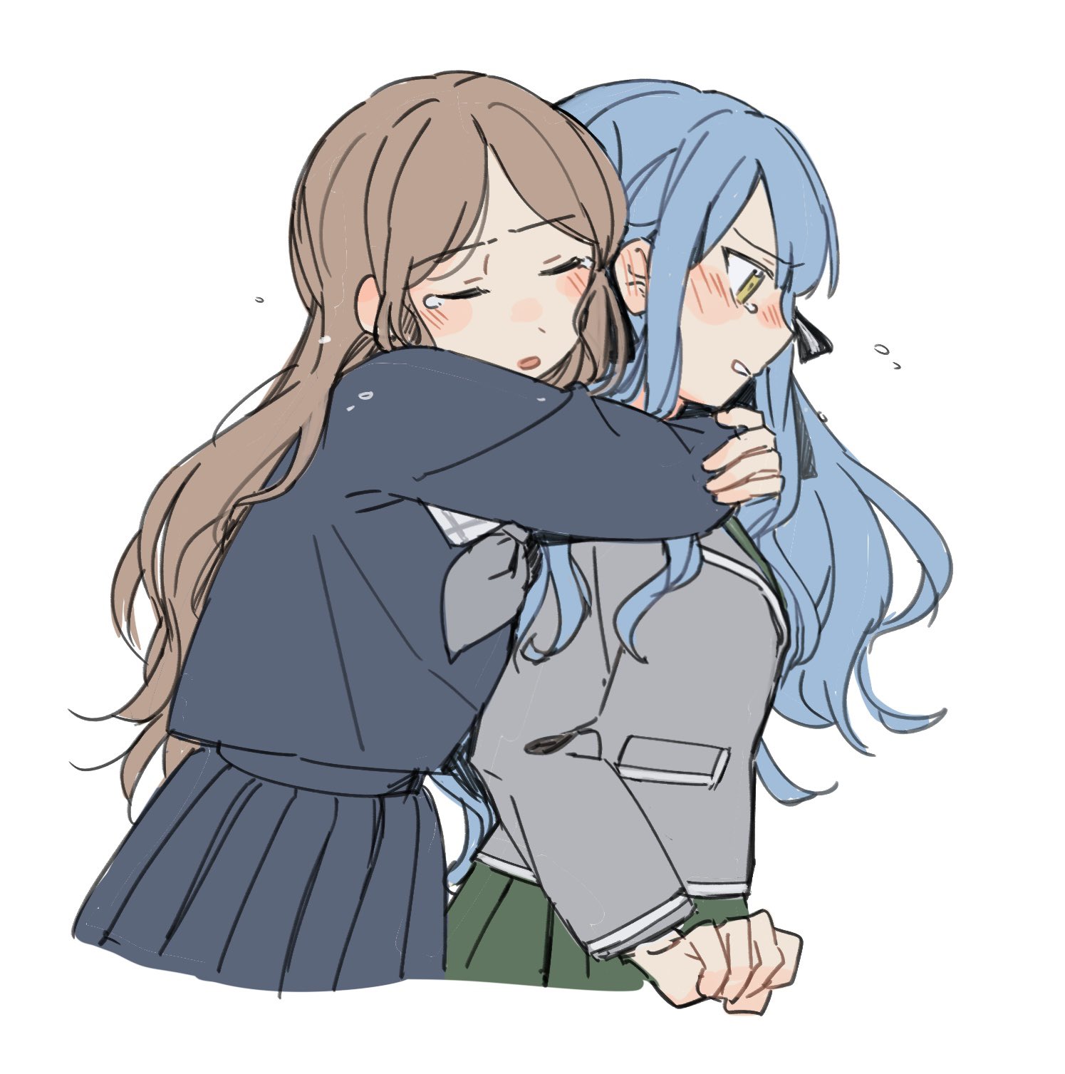jenjen, nagasaki soyo, togawa sakiko, bang dream!, bang dream! it's mygo!!!!!, commentary, hashtag-only commentary, highres, 2girls, arms around neck, black ribbon, blazer, blue hair, blue shirt, blue skirt, brown hair, closed eyes, green skirt, grey jacket, hair ribbon, haneoka school uniform, hug, hug from behind, jacket, long hair, multiple girls, open mouth, parted lips, pleated skirt, ribbon, school uniform, shirt, simple background, skirt, tears, tsukinomori school uniform, two side up, white background, yellow eyes, yuri