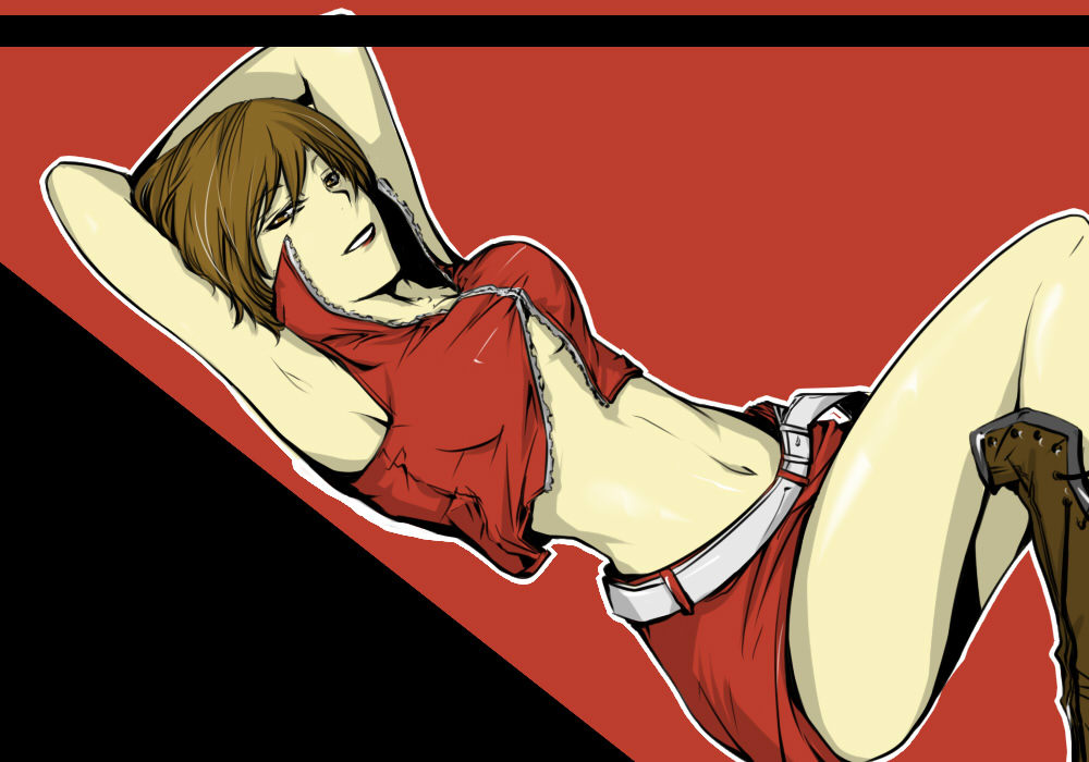 ichi ka, meiko (vocaloid), vocaloid, 1girl, armpits, arms up, belt, boots, breasts, brown eyes, brown hair, female focus, lying, midriff, navel, on back, short hair, skirt, smile, solo, underboob