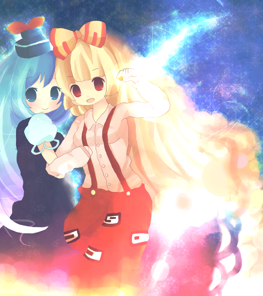 rise (teapot), fujiwara no mokou, kamishirasawa keine, touhou, bad tag, bad id, bad pixiv id, 2girls, blonde hair, blue eyes, blue hair, blush, bow, dress, female focus, glitter, glowing, hair bow, hair ribbon, hat, long hair, long sleeves, multiple girls, no nose, open mouth, red eyes, ribbon, shirt, short sleeves, suspenders