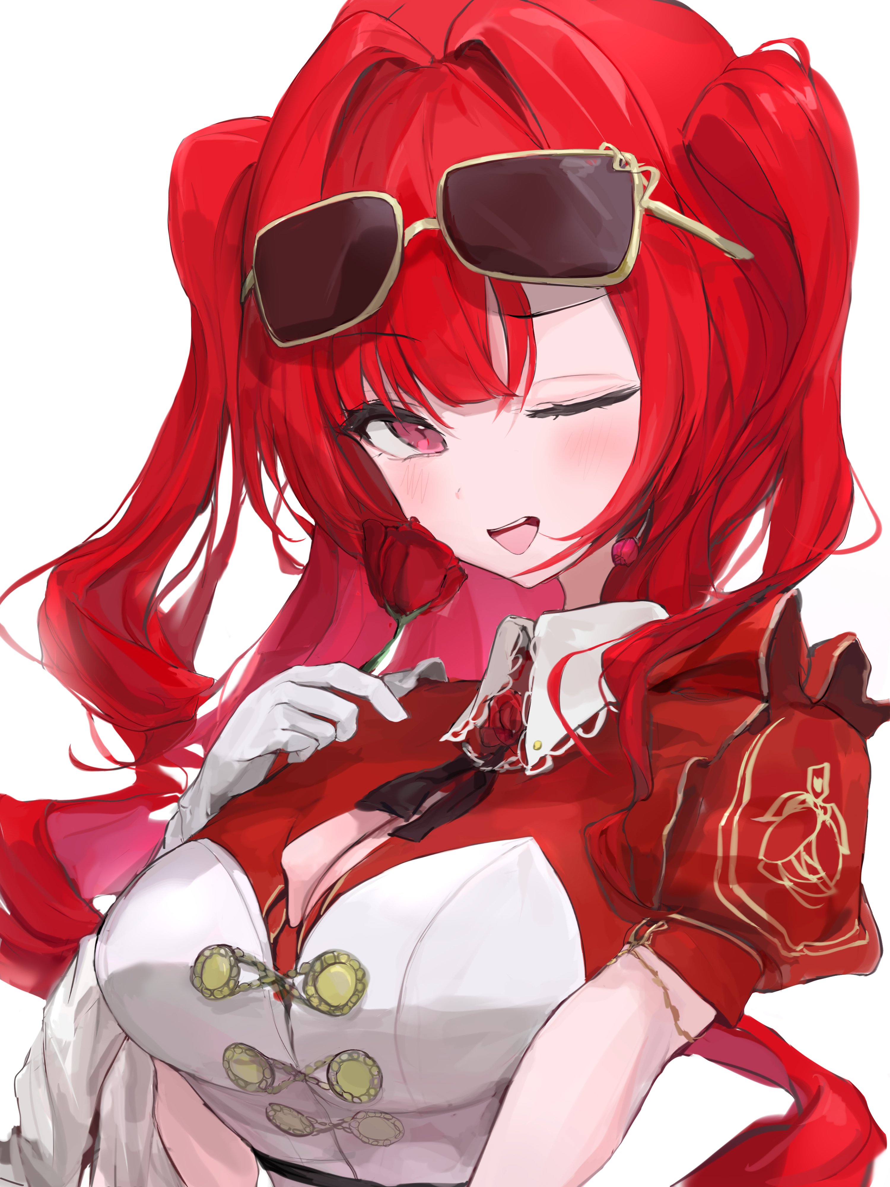 chan1moon, indie virtual youtuber, absurdres, hashtag-only commentary, highres, 1girl, blair rose, blush, breasts, cleavage, cleavage cutout, clothing cutout, eyewear on head, flower, gloves, hair intakes, holding, holding flower, long hair, one eye closed, open mouth, pink eyes, red flower, red hair, solo, teeth, upper body, upper teeth only, virtual youtuber, white gloves