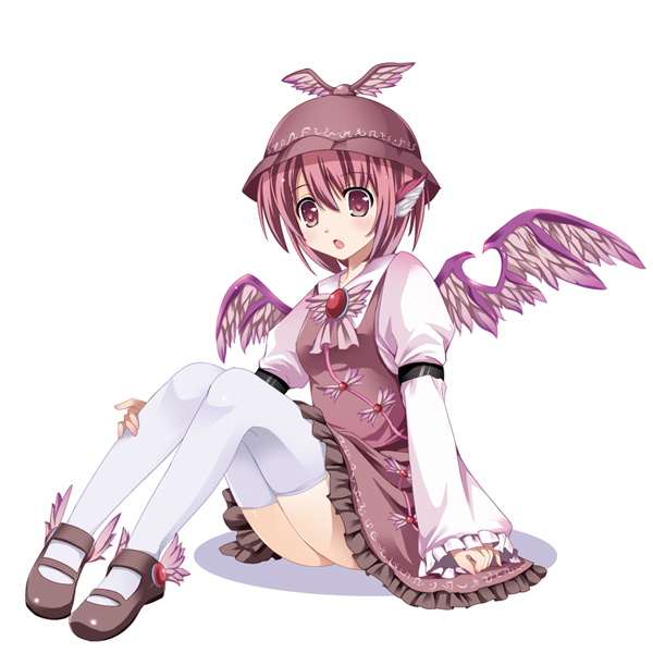 tomusooya, mystia lorelei, touhou, winged footwear, 1girl, :o, animal ears, dress, female focus, full body, hat, legs, mary janes, pink eyes, pink hair, purple eyes, shoes, short hair, simple background, sitting, solo, thighhighs, white background, white thighhighs, wings, zettai ryouiki
