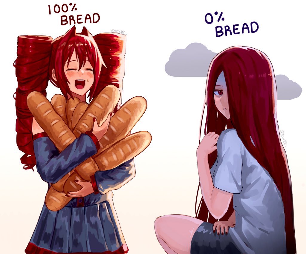 kasane teto, kasane teto (utau), utau, commentary, english commentary, 1girl, :<, alternate hairstyle, baguette, bread, closed eyes, detached sleeves, drill hair, dual persona, english text, food, hair down, hair intakes, holding, holding food, idkano, long hair, long sleeves, looking back, open mouth, pleated skirt, red eyes, red hair, shaded face, shirt, short sleeves, shorts, skirt, smile, sweat, t-shirt, twin drills, very long hair