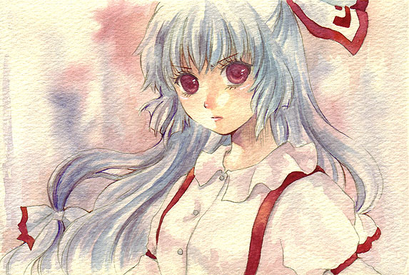 mabiko, shiroma (mamiko), fujiwara no mokou, touhou, silver hair, bad id, bad pixiv id, painting (medium), traditional media, watercolor (medium), 1girl, annoyed, bow, eyelashes, female focus, hair bow, hair ribbon, lips, long hair, red eyes, ribbon, shirt, solo, suspenders, white shirt