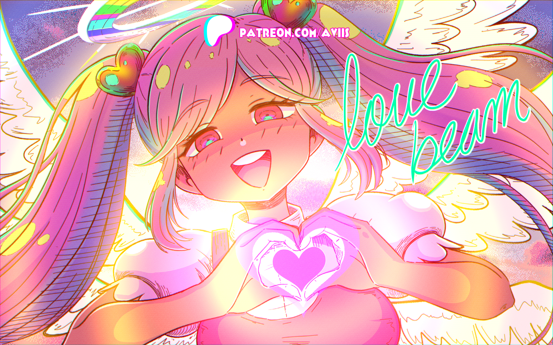 axl sevens, perfectheart (omori), omori, commentary, commission, english commentary, highres, 1girl, :d, angel, angel wings, backlighting, bare arms, breasts, dark-skinned female, dark skin, dutch angle, english text, feathered wings, frilled sleeves, frills, from below, glowing, hair behind ear, hair ornament, halo, hands up, hatching (texture), heart, heart hair ornament, heart hands, heart in heart hands, long hair, looking at viewer, open mouth, overalls, parted bangs, patreon username, pink eyes, pink hair, pink overalls, puffy short sleeves, puffy sleeves, purple background, ringed eyes, round teeth, shaded face, shirt, short sleeves, sidelocks, simple background, small breasts, smile, solo, straight-on, teeth, tongue, twintails, underlighting, upper body, upper teeth only, white halo, white shirt, white wings, wings