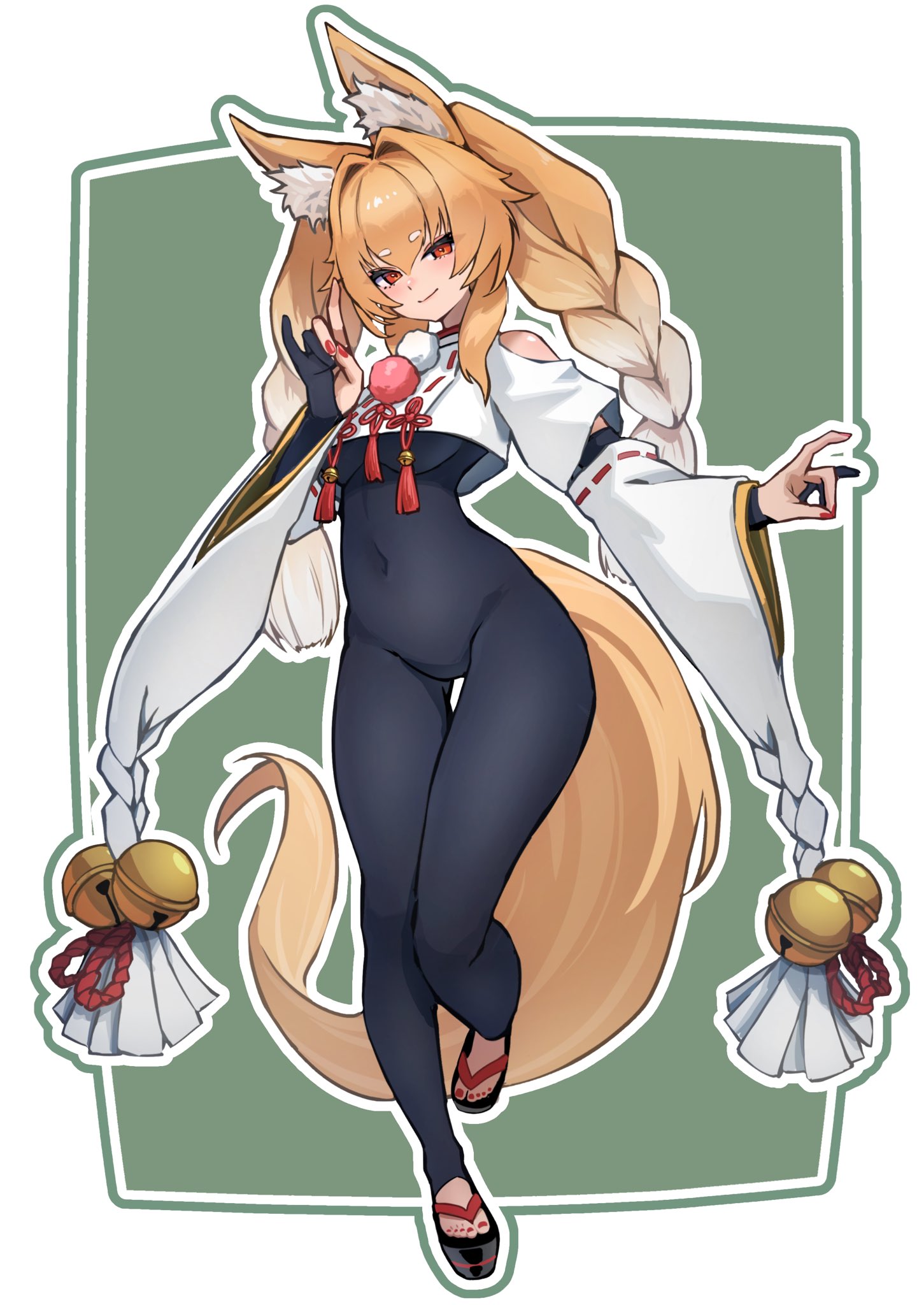 hokori kei, 1, artist request, animal ears, bare shoulders, bell, blonde hair, blush, braid, breasts, detached sleeves, feet, fingerless gloves, full body, gloves, gradient hair, green background, japanese clothes, kimono, leggings, long hair, medium breasts, multicolored hair, ok sign, one leg raised, red eyes, sandals, sleeves past wrists, smile, tail, toeless legwear, twintails, underboob, very long hair, virtual youtuber, white hair