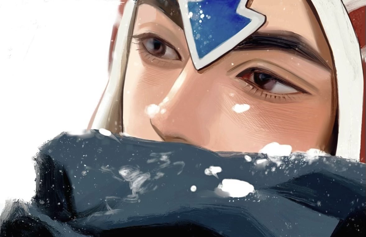 zu okr, guido mista, jojo no kimyou na bouken, vento aureo, 1boy, brown eyes, close-up, covered mouth, hat, looking to the side, male focus, scarf, scarf over mouth, snow, snow on clothes, snow on face, solo