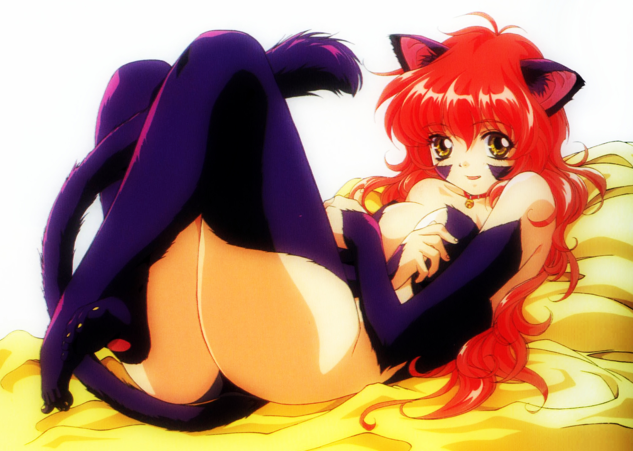 rin-sin, nina (words worth), words worth, fur, highres, third-party edit, 1girl, animal ears, bell, blanket, cat ears, cat tail, claws, collar, female focus, neck bell, open mouth, purple theme, red hair, simple background, solo, tail, yellow eyes