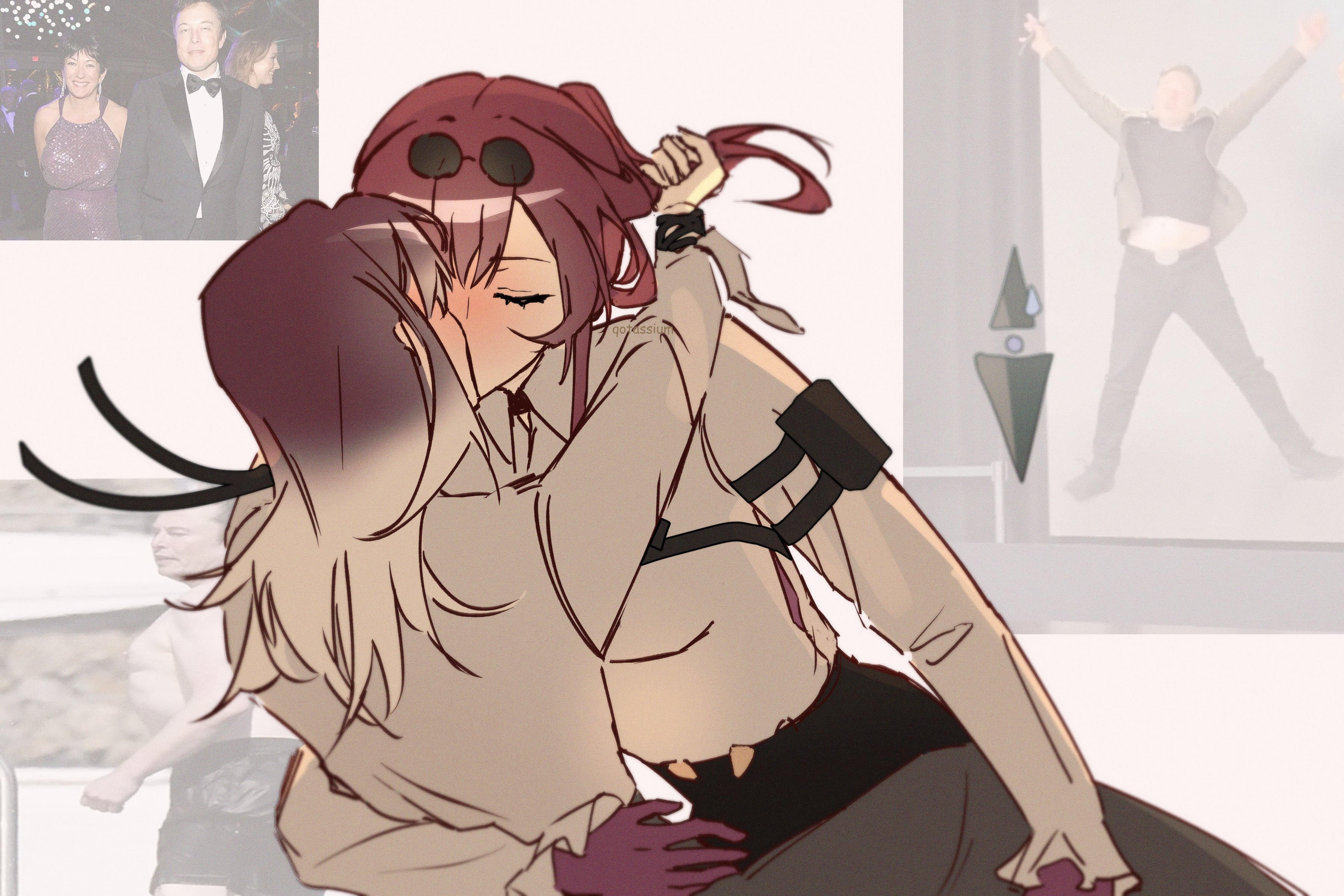 botassium, elon musk, kafka (honkai: star rail), shalom (path to nowhere), honkai: star rail, honkai (series), path to nowhere, real life, absurdres, character request, commentary, english commentary, highres, 1boy, 4girls, arms up, artist name, black bow, black bowtie, black hair, black male swimwear, black skirt, blush, bow, bowtie, closed eyes, closed mouth, crossover, dress, ghislaine maxwell, gloves, grabbing another's hair, gradient hair, holding another's hair, kiss, long hair, looking at viewer, male swimwear, multicolored hair, multiple girls, ponytail, purple dress, purple gloves, purple hair, red hair, schorl (path to nowhere), shirt, skirt, smile, tuxedo, white hair, white shirt, yuri