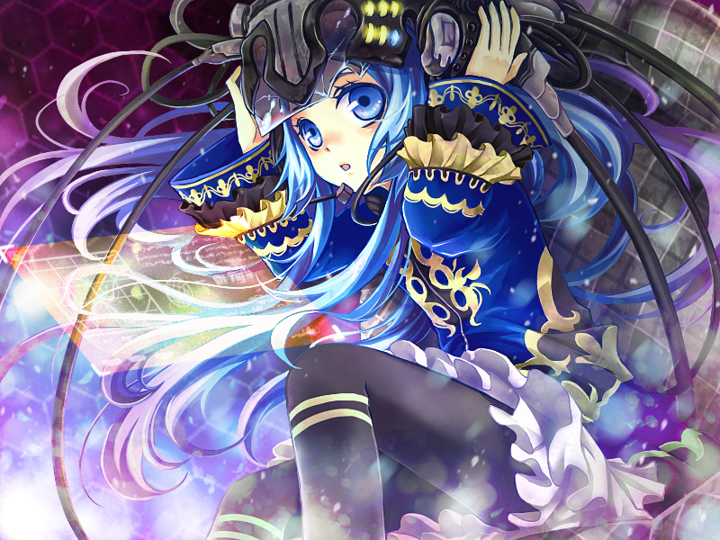 nitou akane, kunagisa tomo, zaregoto series, bad id, bad pixiv id, blue eyes, blue hair, cable, headset, long hair, monitor, pantyhose, skirt, solo, wind