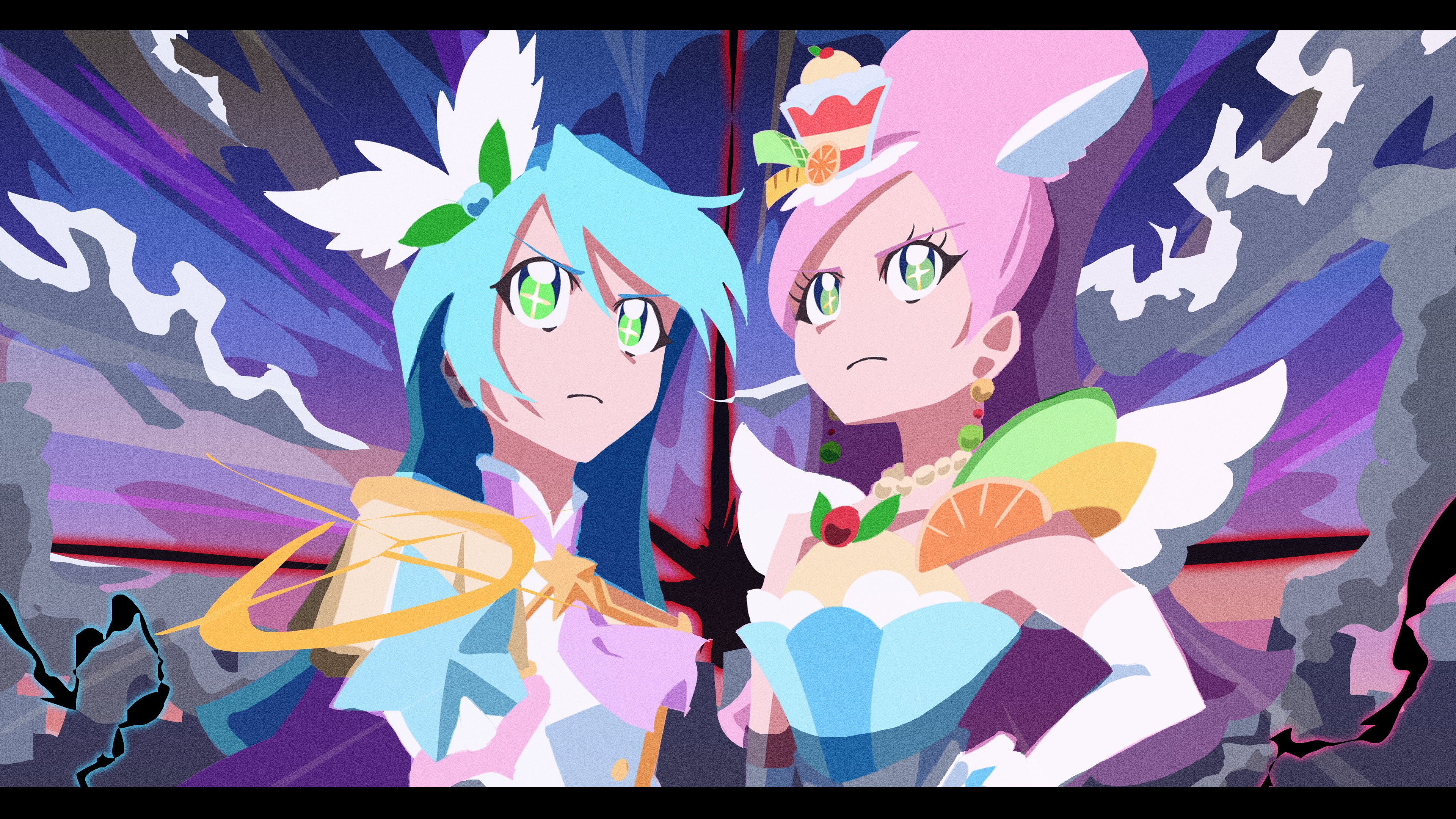 cure parfait, cure waffle, kirakira precure a la mode, precure, absurdres, commentary, highres, 1boy, 1girl, animal ears, bare shoulders, berry, blue hair, brother and sister, cloud, dress, earrings, elbow gloves, food, food-themed hair ornament, fruit, gloves, hair ornament, hand on own hip, horse ears, jewelry, kiwi (fruit), leaf, lemon, long hair, long sleeves, magical girl, multicolored eyes, orange (fruit), parfait, pearl choker, pearl earrings, pink hair, ponytail, serious, siblings, strapless, strapless dress, tikena puriyou, white gloves, white tail, white wings, wings