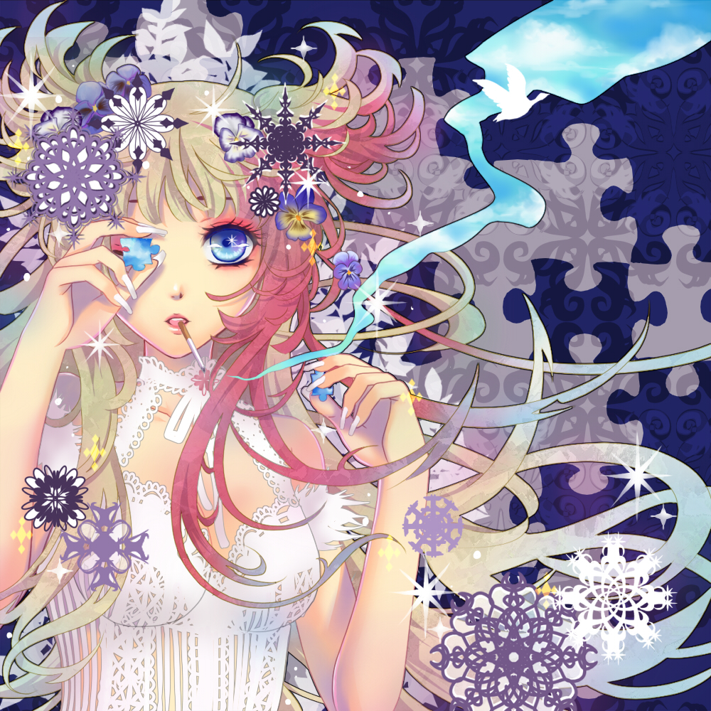 nitou akane, original, bad id, bad pixiv id, 1girl, abstract, bare shoulders, bird, blonde hair, blue eyes, breasts, cigarette, cleavage, dress, female focus, fingernails, flower, hair flower, hair ornament, lace, long fingernails, long hair, medium breasts, multicolored hair, pansy, petals, puzzle, puzzle piece, red hair, smoke, smoking, snowflakes, solo, split-color hair, two-tone hair, very long hair, wavy hair