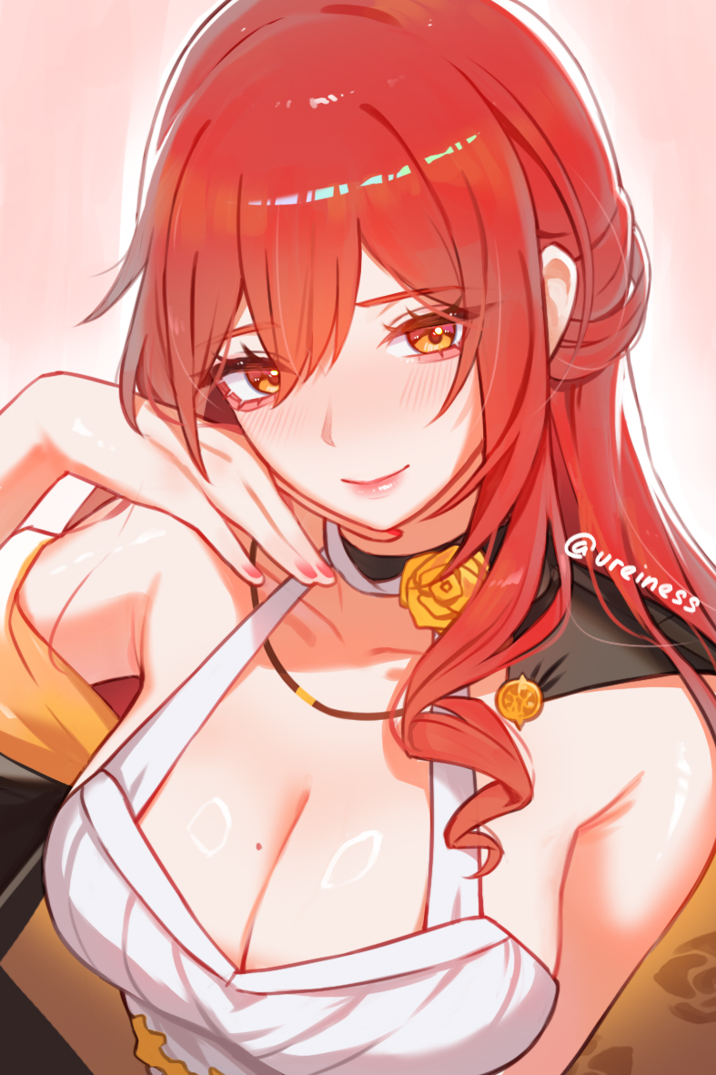 reiness (ureiness), himeko (honkai: star rail), honkai: star rail, honkai (series), commentary, english commentary, 1girl, artist name, blush, breasts, cleavage, curly sidelocks, dress, floral print, flower, large breasts, long hair, mole, mole on breast, nail polish, off shoulder, red hair, ring light reflection, rose, sleeveless, smile, yellow eyes, yellow flower, yellow rose