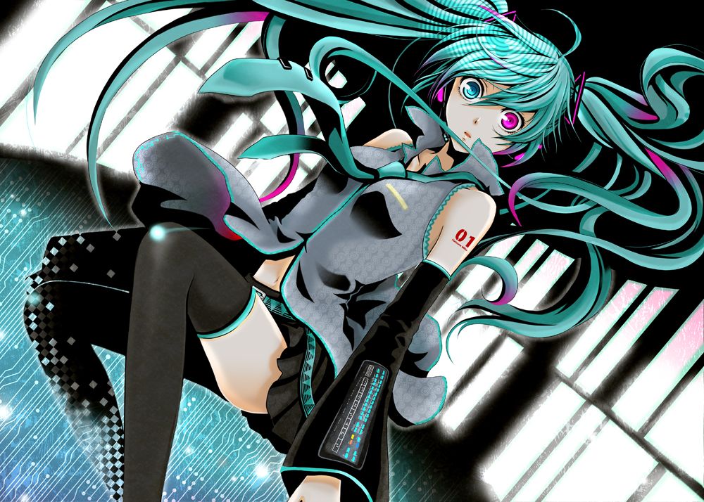 wool (kurokrkr), hatsune miku, vocaloid, 1girl, aqua hair, detached sleeves, female focus, heterochromia, necktie, skirt, solo, thighhighs, twintails